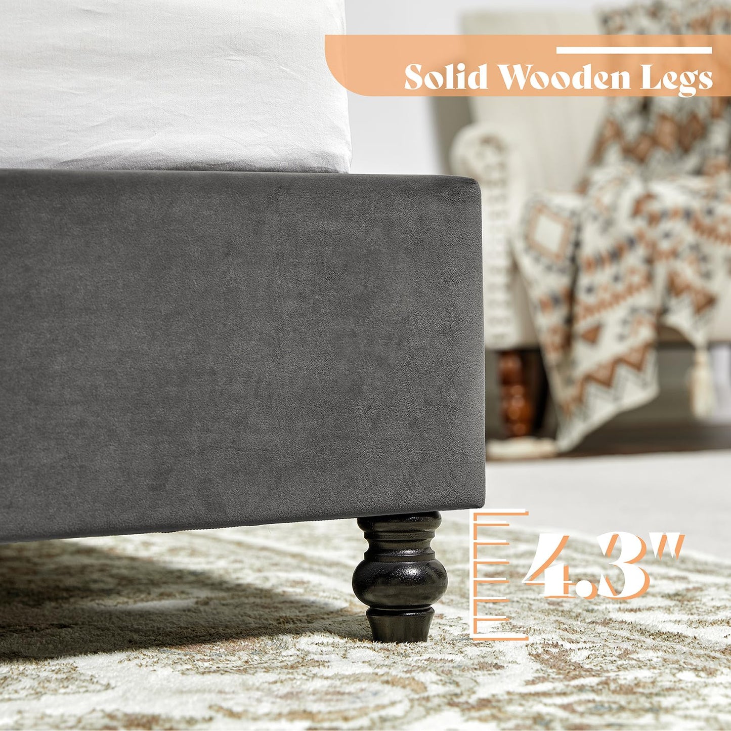 AMERLIFE King Size Bed Frame with 60" Tall Wingback Headboard, Velvet Upholstered Platform, Button Tufted Sleigh Design, No Box Spring Needed,Grey