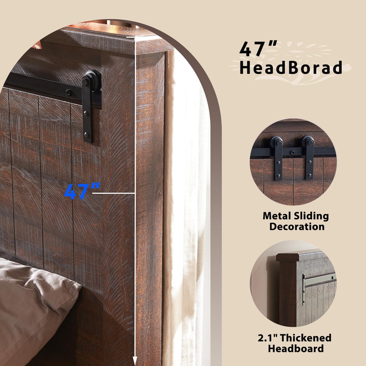 IFGET Farmhouse King Size Bed Frame with 47" Headboard, Wood Bed Frame with Groove Sliding Barn Door Footboard, Platform Bed with Wood Slats Support, No Box Spring Needed (Brown)