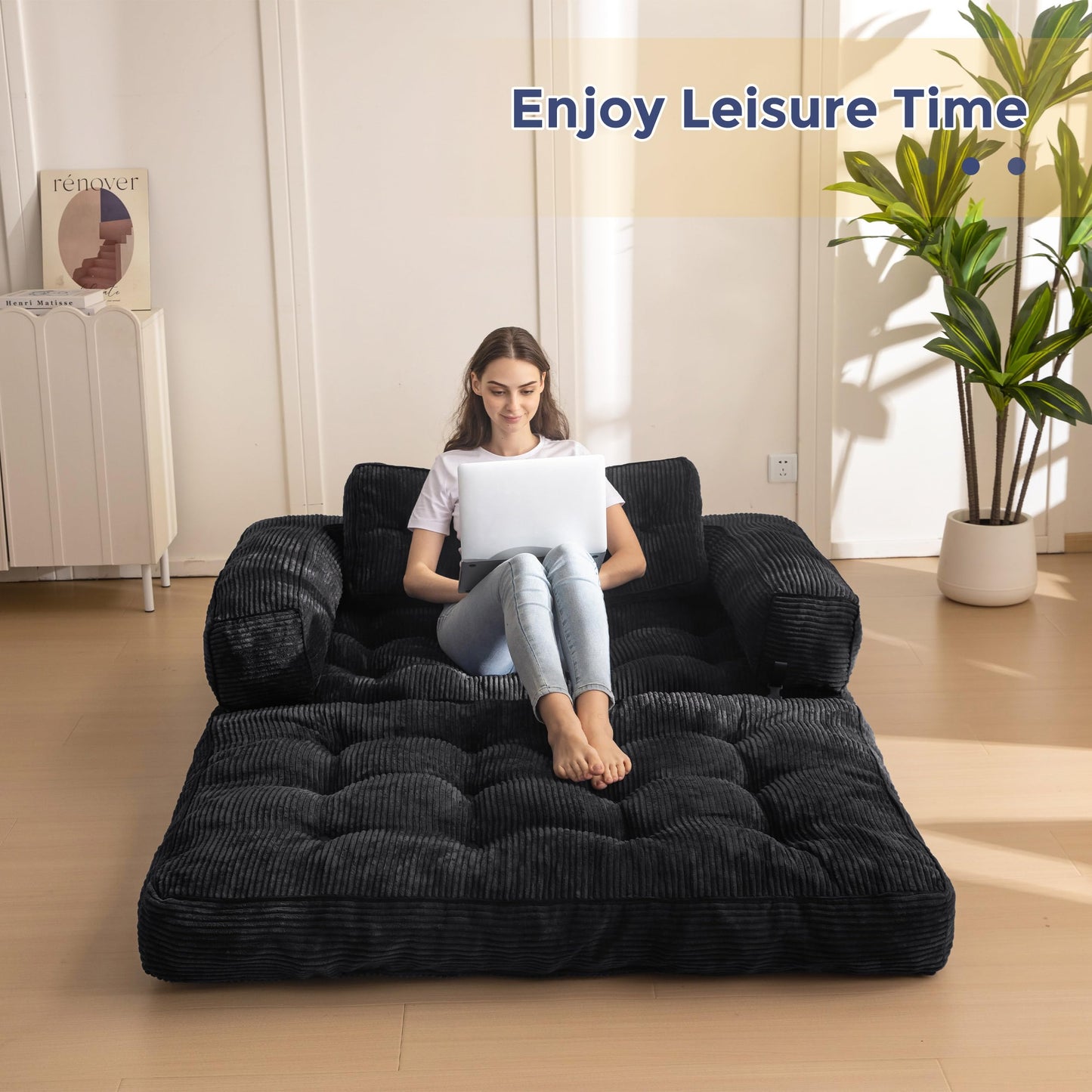 MAXYOYO Folding Sofa Bed, L-Shaped Convertible Sofa Bed with Armrest Foldable Sleeper Couch with Pillow, Portable Fold Out Chair Comfy Floor Couch Lounge for Living Room Bedroom, Black, Double