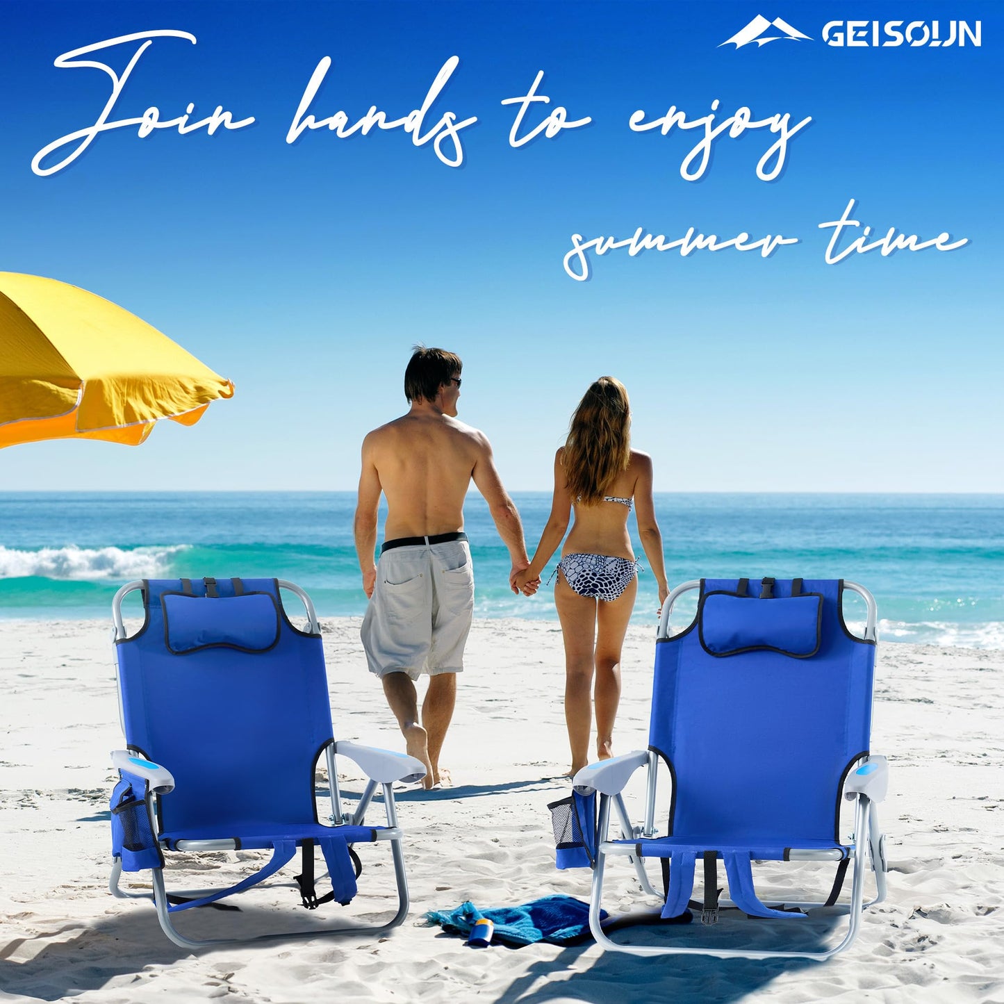 Geisoun Beach Chair with 5 Adjustable Positions, Lightweight Foldable Camping Chair with Pillow, Reclining Chair for 350 LBS Adult, with Shoulder Straps, Storage Bag, Cup Holder, Towel Bar