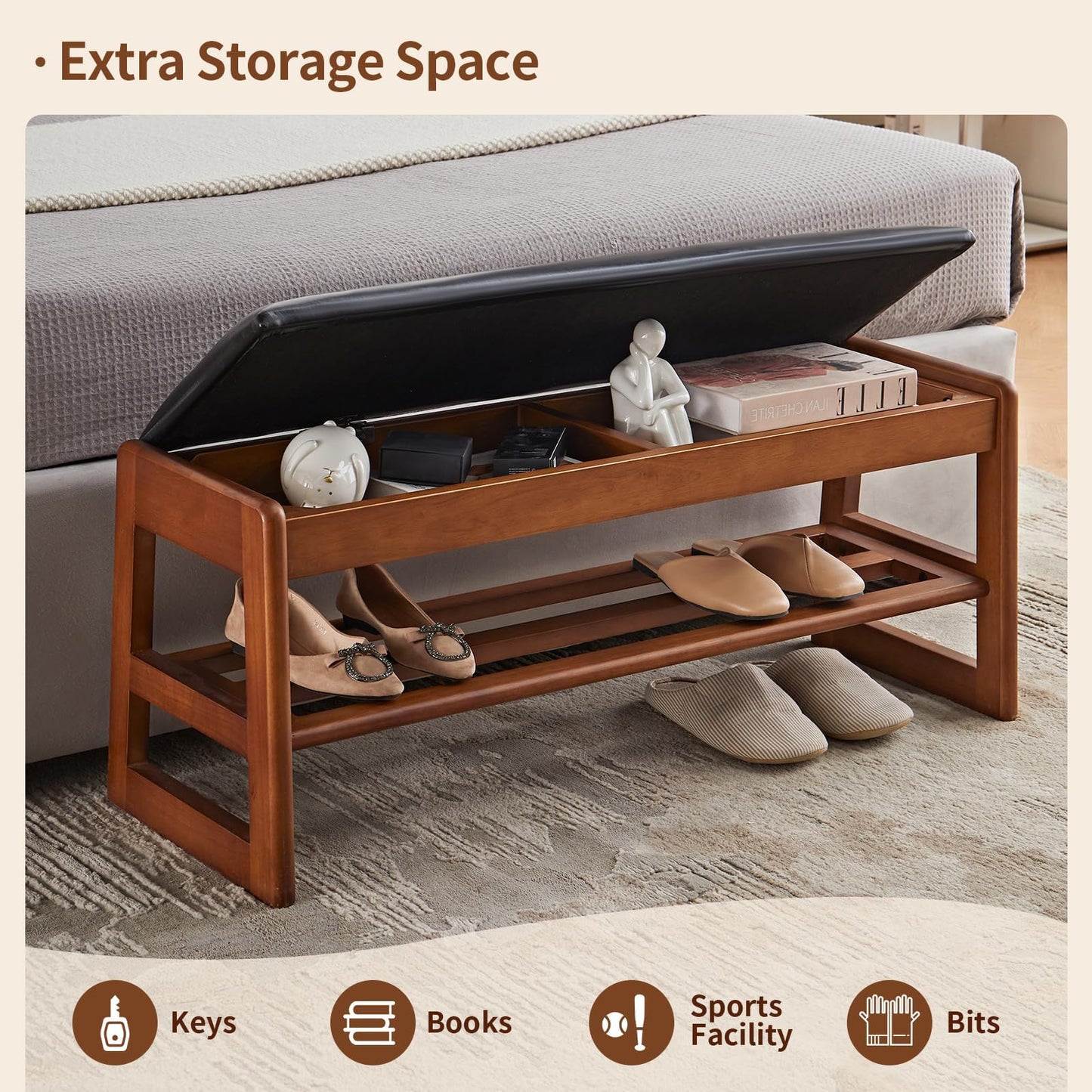 Jimenuco Solid Wood Shoe Rack for Entryway, 40" Shoe Storage Bench with Cushion, PU Upholstered 2-Tier Shoe Bench, Flip-Open Storage Compartment, Ideal for entryways, Closets, or mudrooms