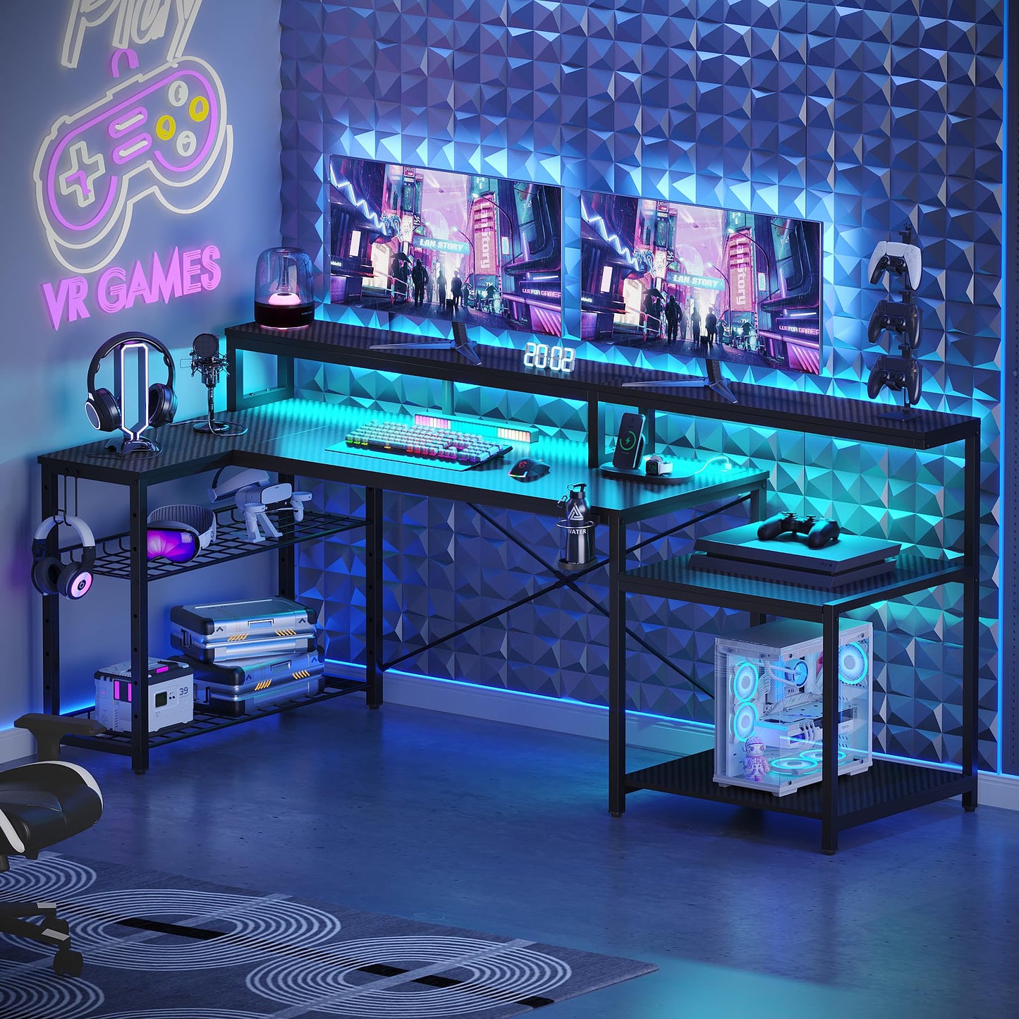 Bestier LED Gaming Desk with Power Outlets, 71 inch L Shaped Computer Desk with Monitor Stand, Large Desk with Printer Stand Adjustable Shelf, Cup Holder & Hooks, Home Office Desk Black
