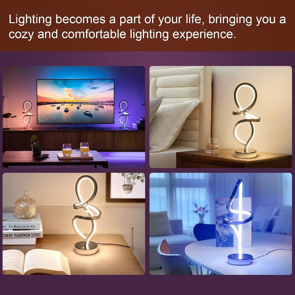 RGB Modern Small Table Lamp with LED Spiral Design, 15W Nightstand Lamp