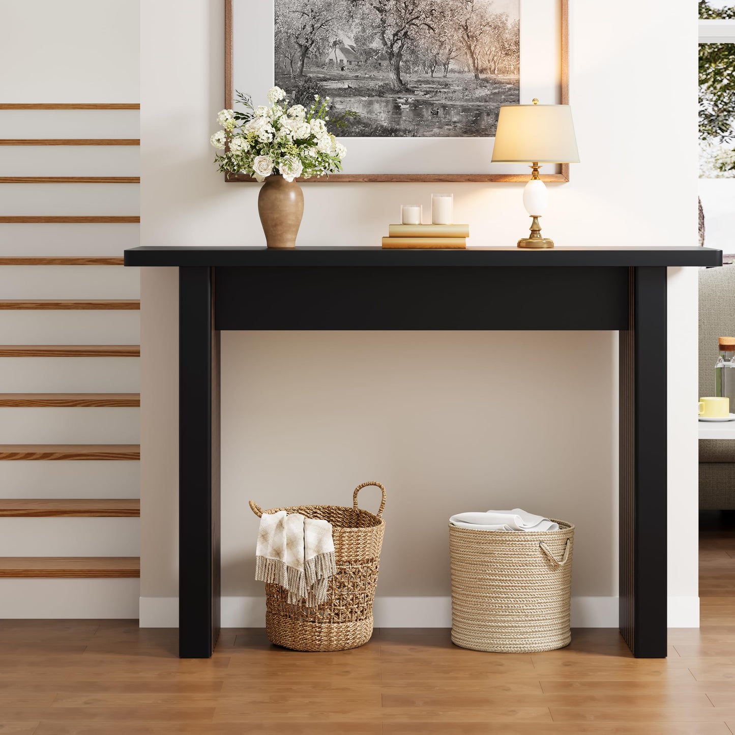 RUSTYER Fluted Entryway Console Table, Wooden Rectangular Sofa Table for Entrance, Narrow Wood Entryway Small Long Entry Table for Hallway, Living Room (Black)