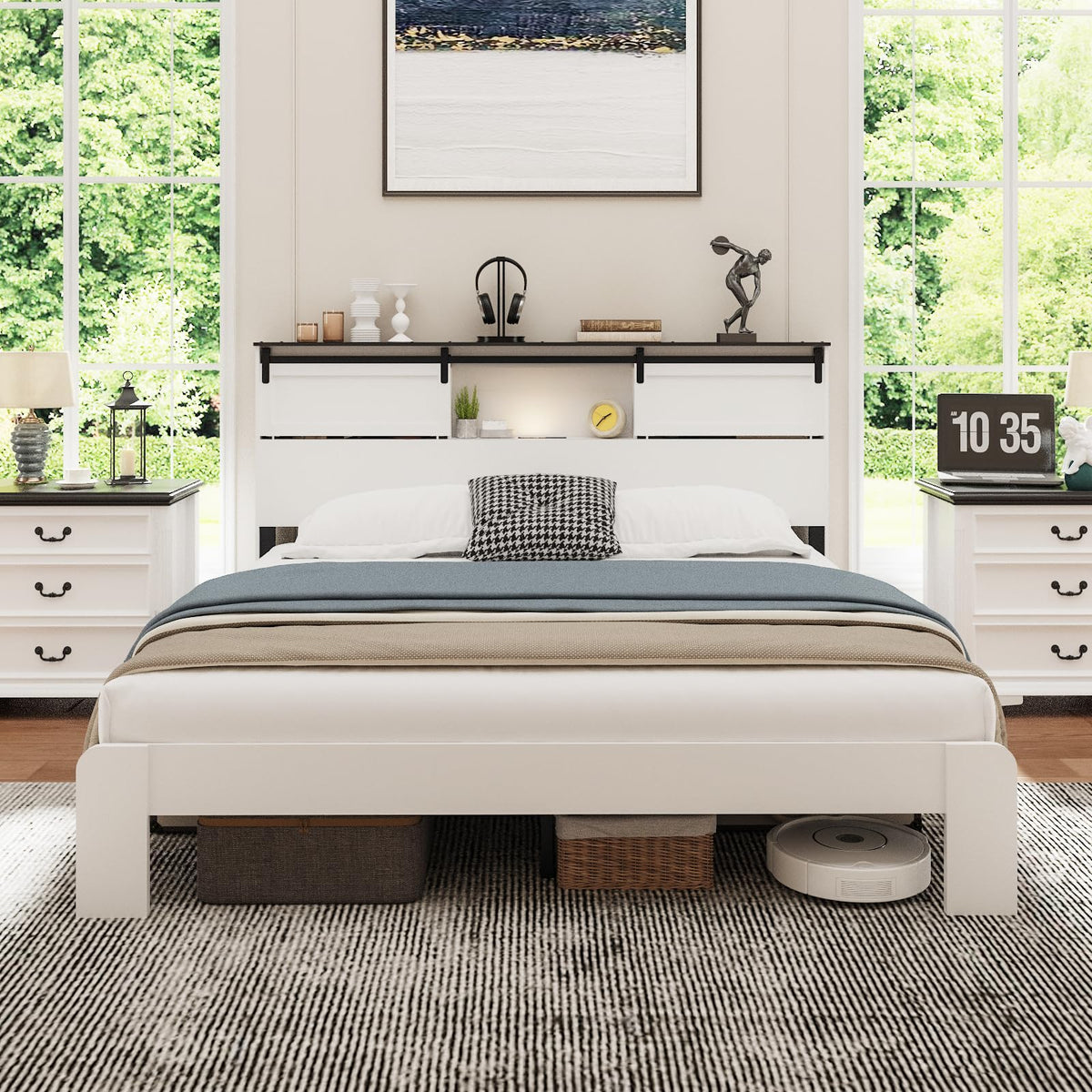 QNICE King Size Wooden Bed Frame with Storage Headboard, LED Lights & Charging Station, Sliding Barn Door, Farmhouse Wood Platform Bed with Metal Slats Support, Boho White
