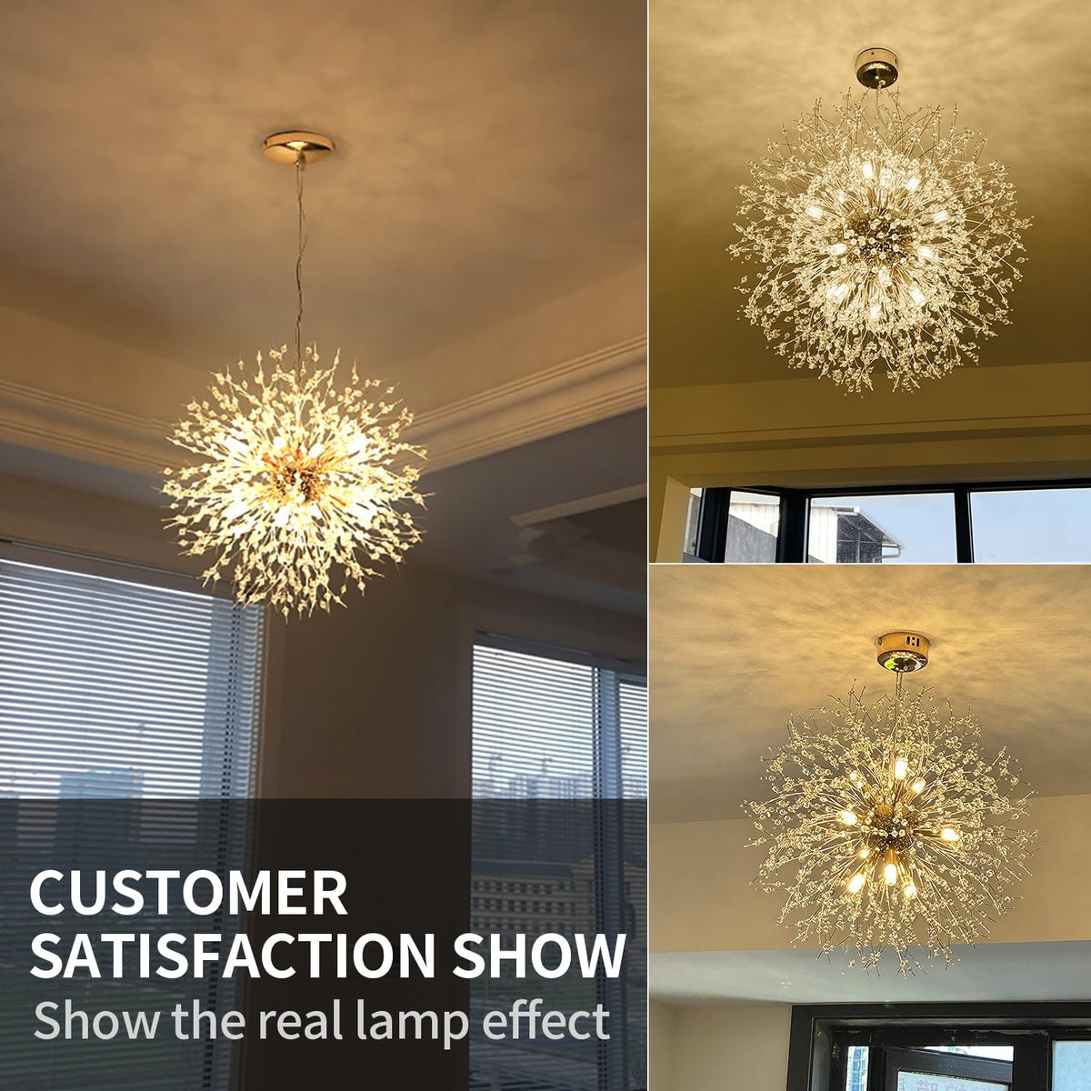 Gold Crystal Chandelier 22 Inch Modern Ceiling Light, Dandelion Firework Semi Flush Mount Pendant with G9 Socket, 12-Light Adjustable Hanging Chandelier for Dining Room Living Room Kitchen Foyer