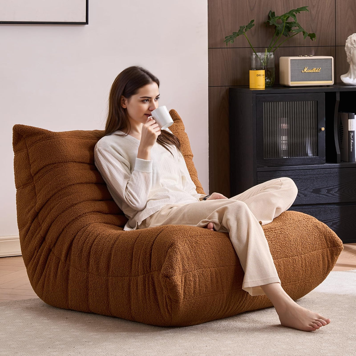 Giant Bean Bag Chairs for Adults - Lazy Floor Sofa Couch Single Seat - Fireside Lounger Chair with All-in-One Memory Foam - Beanbag Togo Sofa for Living Room Bedroom Dorm Office - Brown