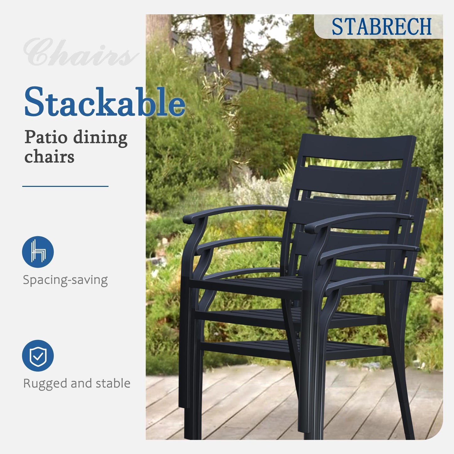 Patio Dining Chairs Set of 6, Black Stackable Outdoor Dining Chairs, Metal Patio Furniture Set for Garden Backyard Lawn Deck Support Over 300 lbs