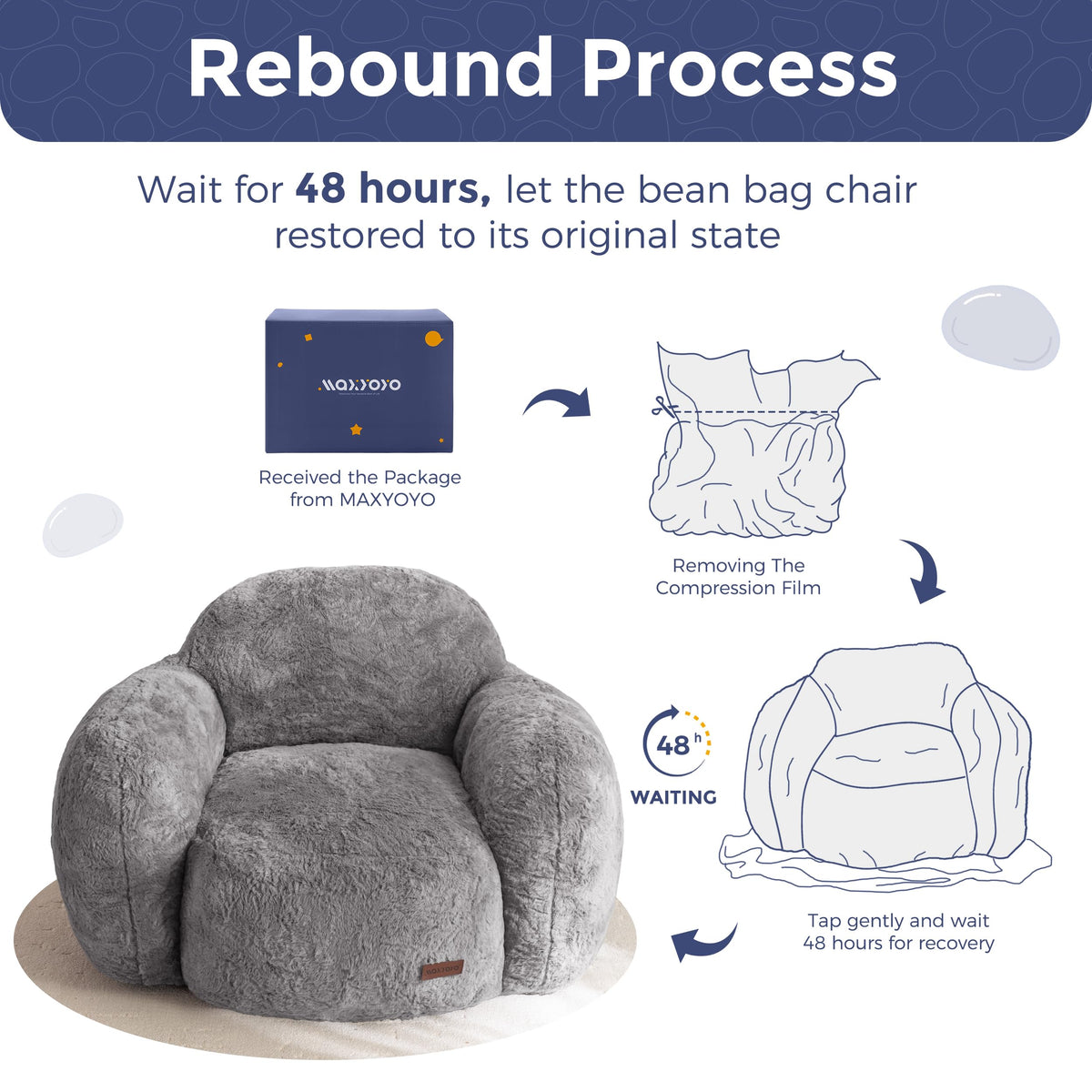 MAXYOYO Bean Bag Chair, Comfy Pebble Shaped Single Bean Bag Sofa for Adults, Stuffed Floor Sofa with Supportive Backrest & Armrests, Modern Faux Fur Accent Chair for Living Room & Bedroom, Grey