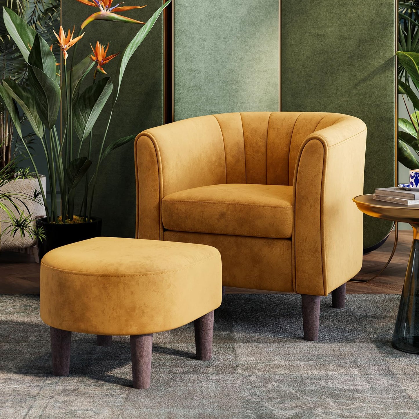 LINSY Accent Chair with Ottoman, Modern Barrel Chair Small Armchair Reading Chair with Footrest, Comfy Round Arms Chair for Living Room Bedroom Reading Room, Velvet, Yellow