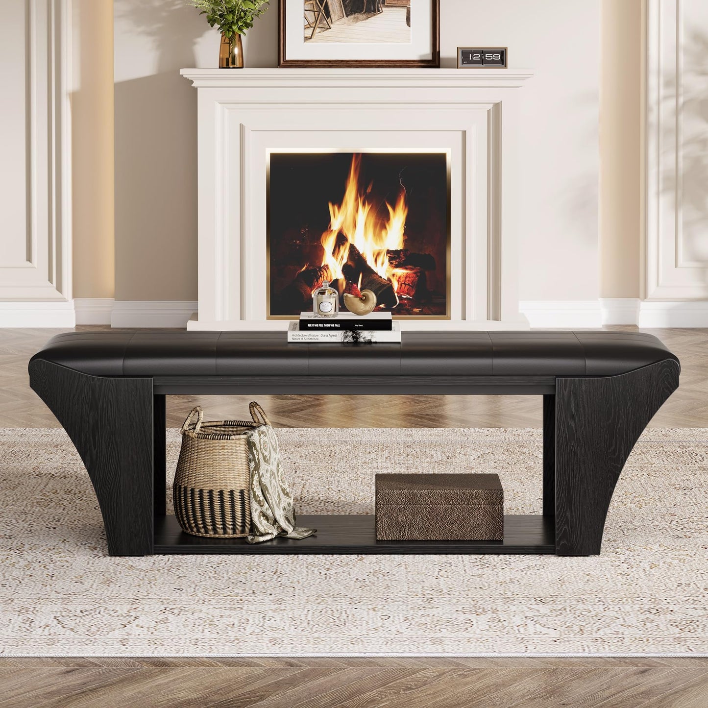Tribesigns 59" Long Dining Room Bench for 2 to 3, Modern Black Kitchen Benches Upholstered Stools with Leather Padded Seat and Open Storage Shelf for Indoor Use