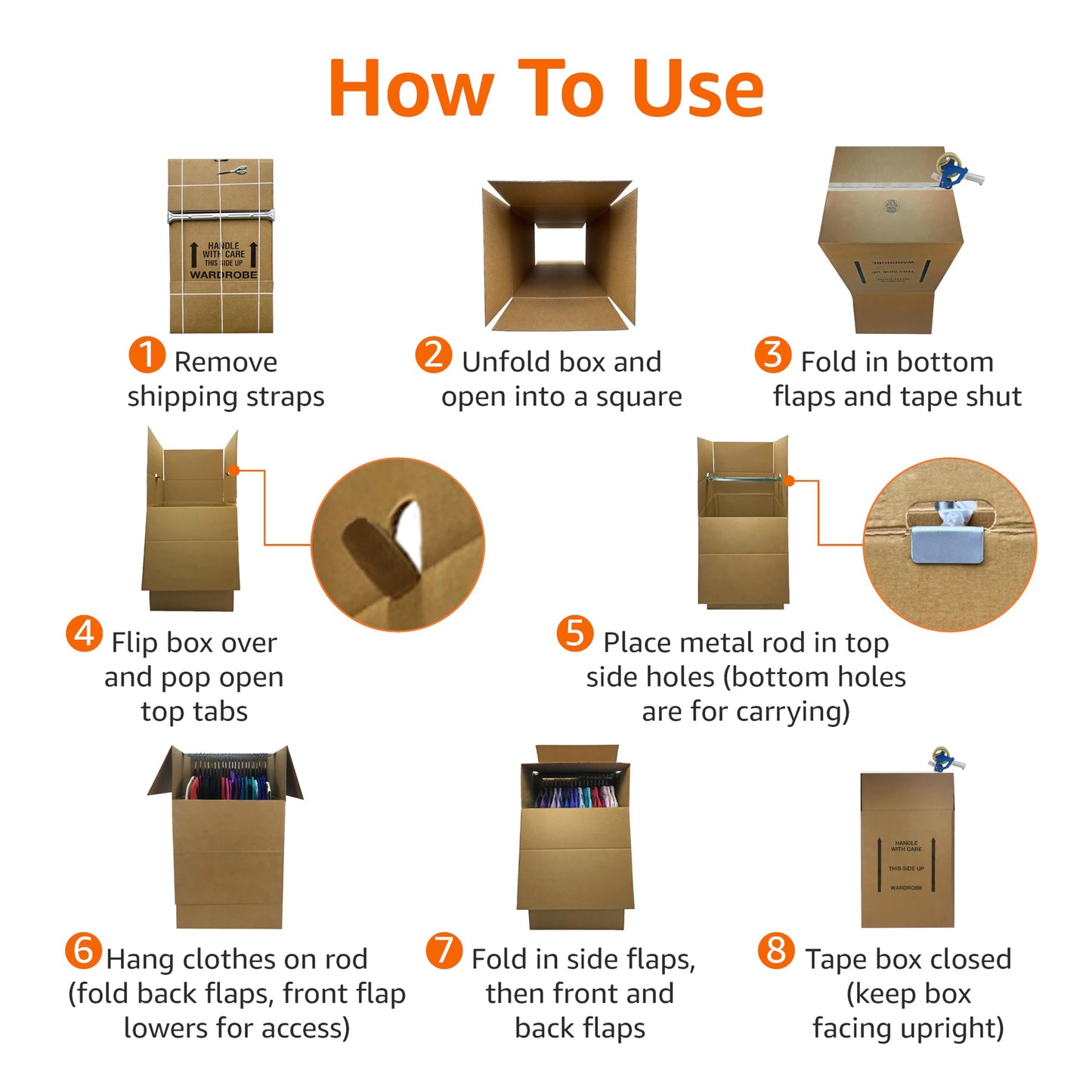 Amazon Basics Wardrobe Clothing Moving Boxes with Bar, 3 Pack, Brown, 20" x 20" x 34"