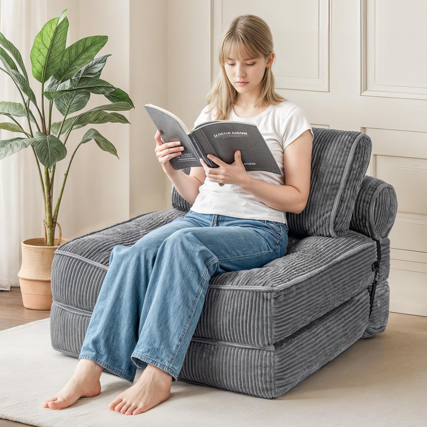 PulseFay Folding Sofa Bed, Convertible Foldable Chair Bed, Floor Couch for Adults, Comfy Floor Sofa Small Couches for Small Spaces, Gray