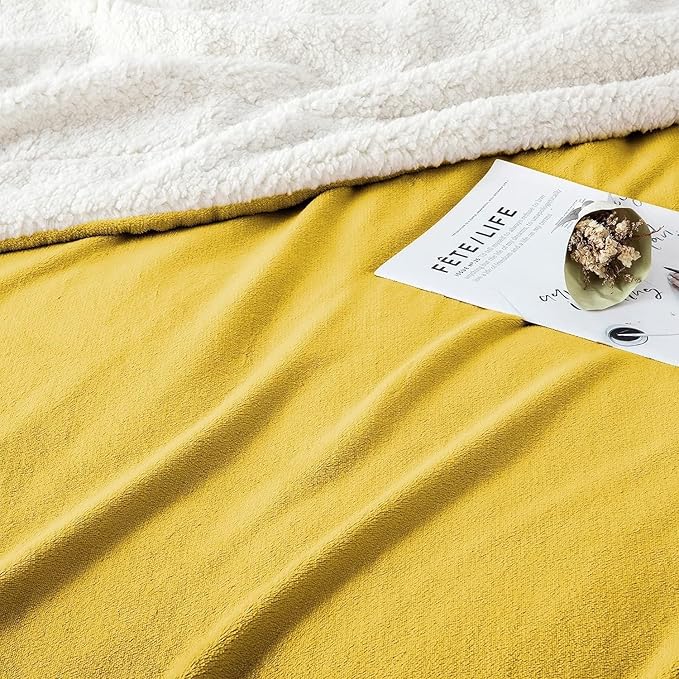 IR Imperial Rooms Sherpa Fleece Queen Size Blanket for Bed - Thick and Warm Blanket for Winter Reversible Soft and Fluffy Blankets Queen Size, Yellow, 90x90 Inches