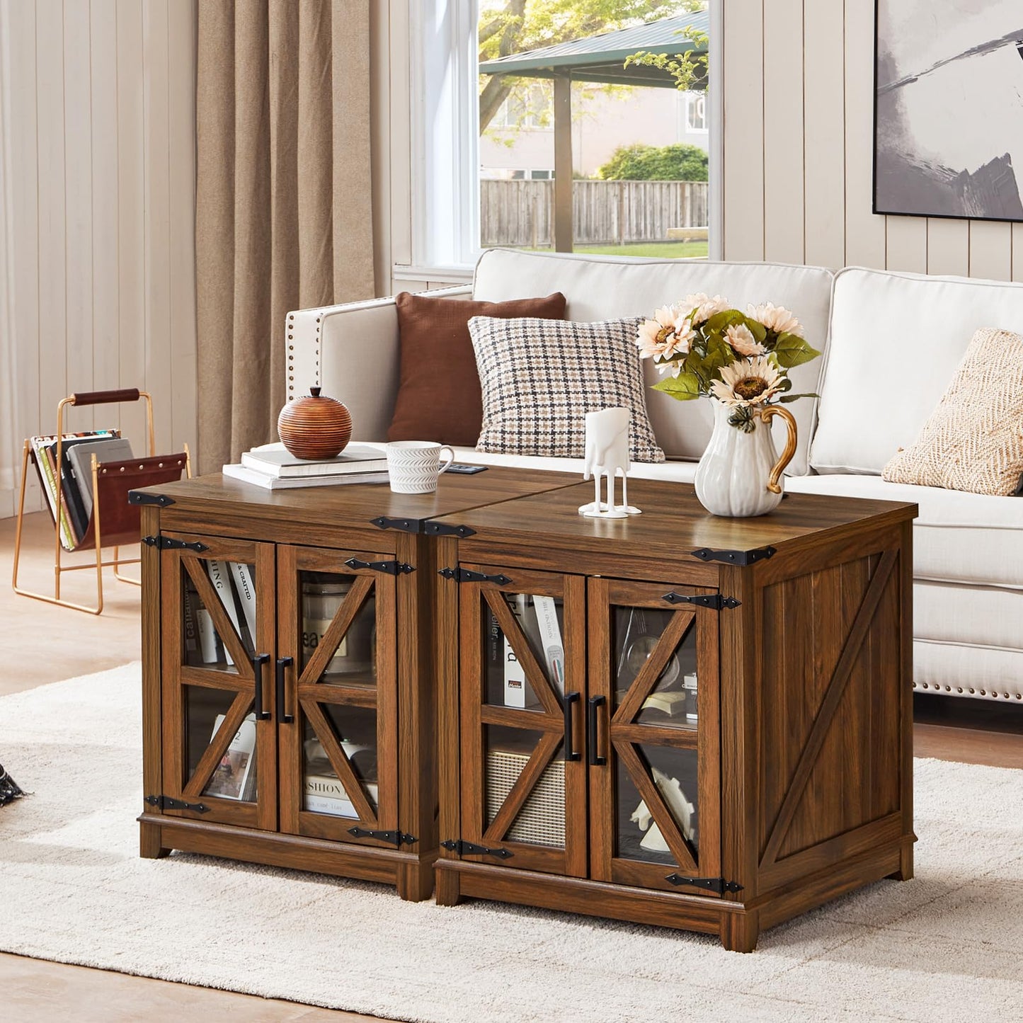 Joaxswe Farmhouse End Table with Charging Station Set 2, 24" Large Sofa Side Table with Glass Barn Door, Nightstand with Adjustable Storage Shelf,Wood Square Bedside Table for Living Room,Bedroom