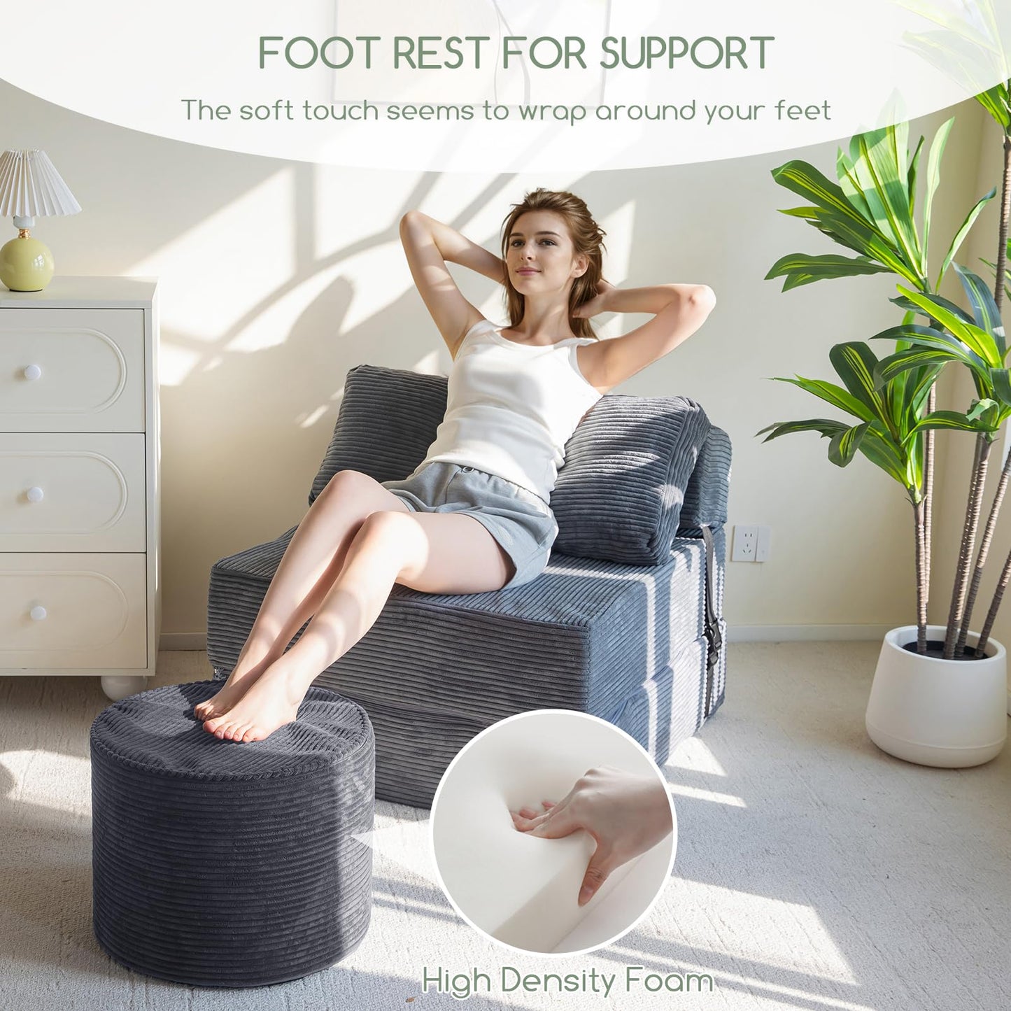 HIGOGOGO Round Stuffed Pouf Ottoman, Corduroy Poufs with High-Density Foam Filling, Furry and Fluffy Pouf Foot Stool Storage Ottoman, 17.7 x 13.8 Floor Poufs Foot Rest for Living Room，Dark Grey