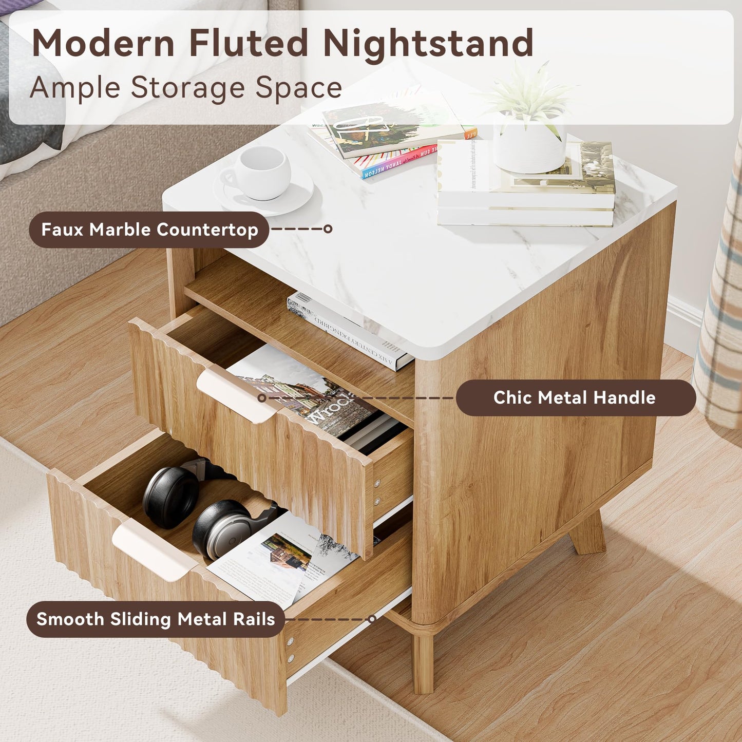 HOCAT Fluted Nightstand with 2 Drawers, 18" Modern Bed Night Stand with Faux Marble Top, Open Storage Shelf, Curved Edge Bedside Table for Bedroom, Living Room End Side Table, Natural Oak