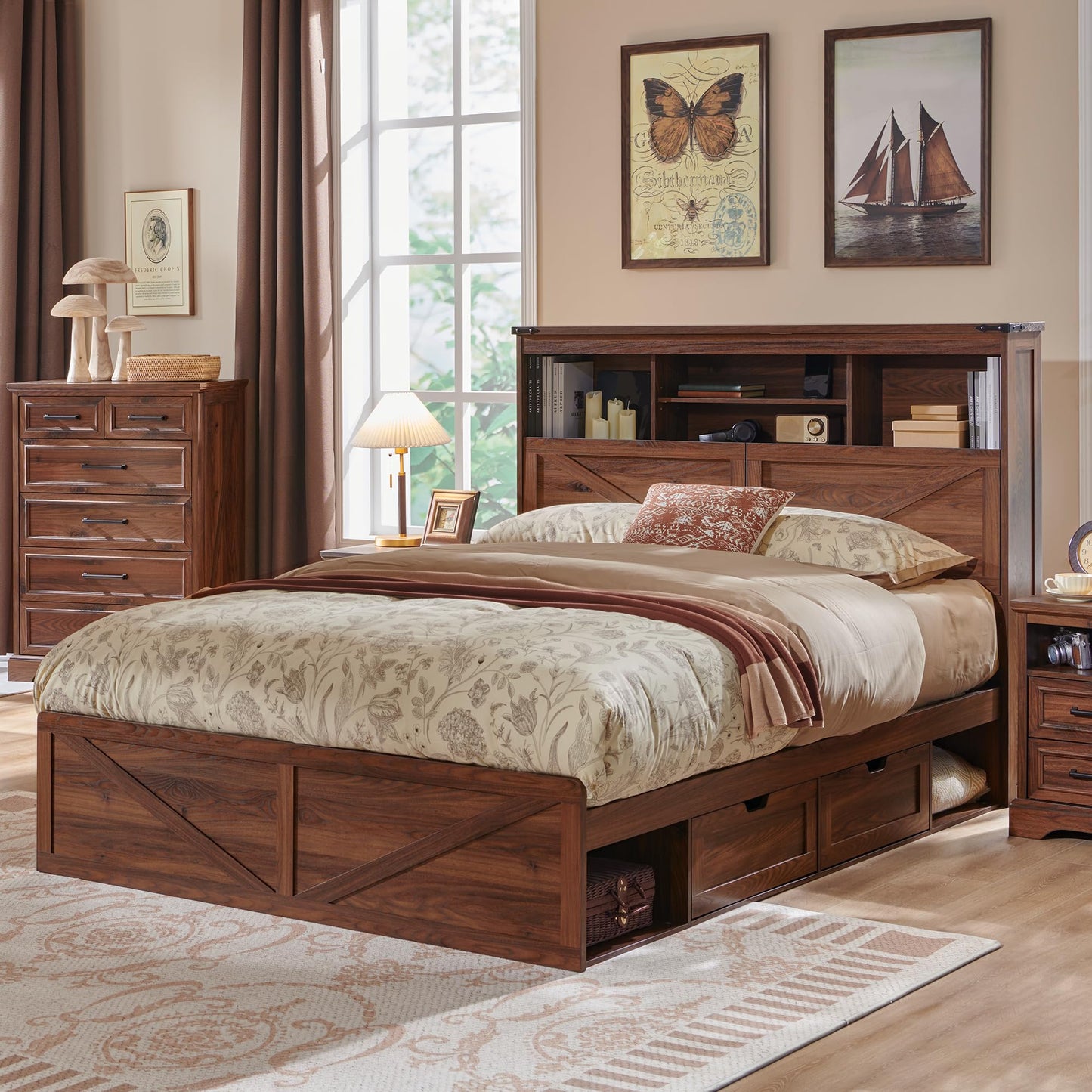 ACCOHOHO Queen Size Wood Bed Frame Farmhouse with 52" Tall Storage Bookcase Headboard, LED Light,Charging Station,4 Drawers and Solid Wood Slats Support,Noiseless,No Box Spring Needed - Brown