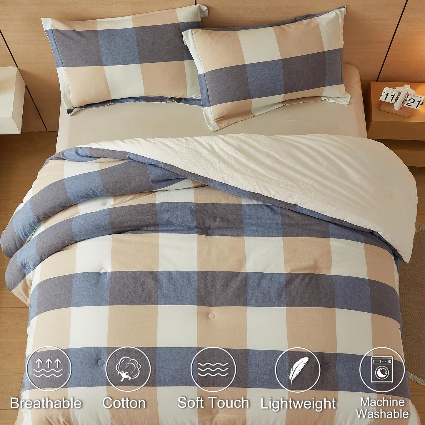 hadamick 100% Cotton Comforter Set Twin Size – Reversible Yarn-Dyed Checkered Design, Soft Washed Cotton on Both Sides, Lightweight All-Season Bedding, Machine Washable(Blue White Plaid, 68”x90”)