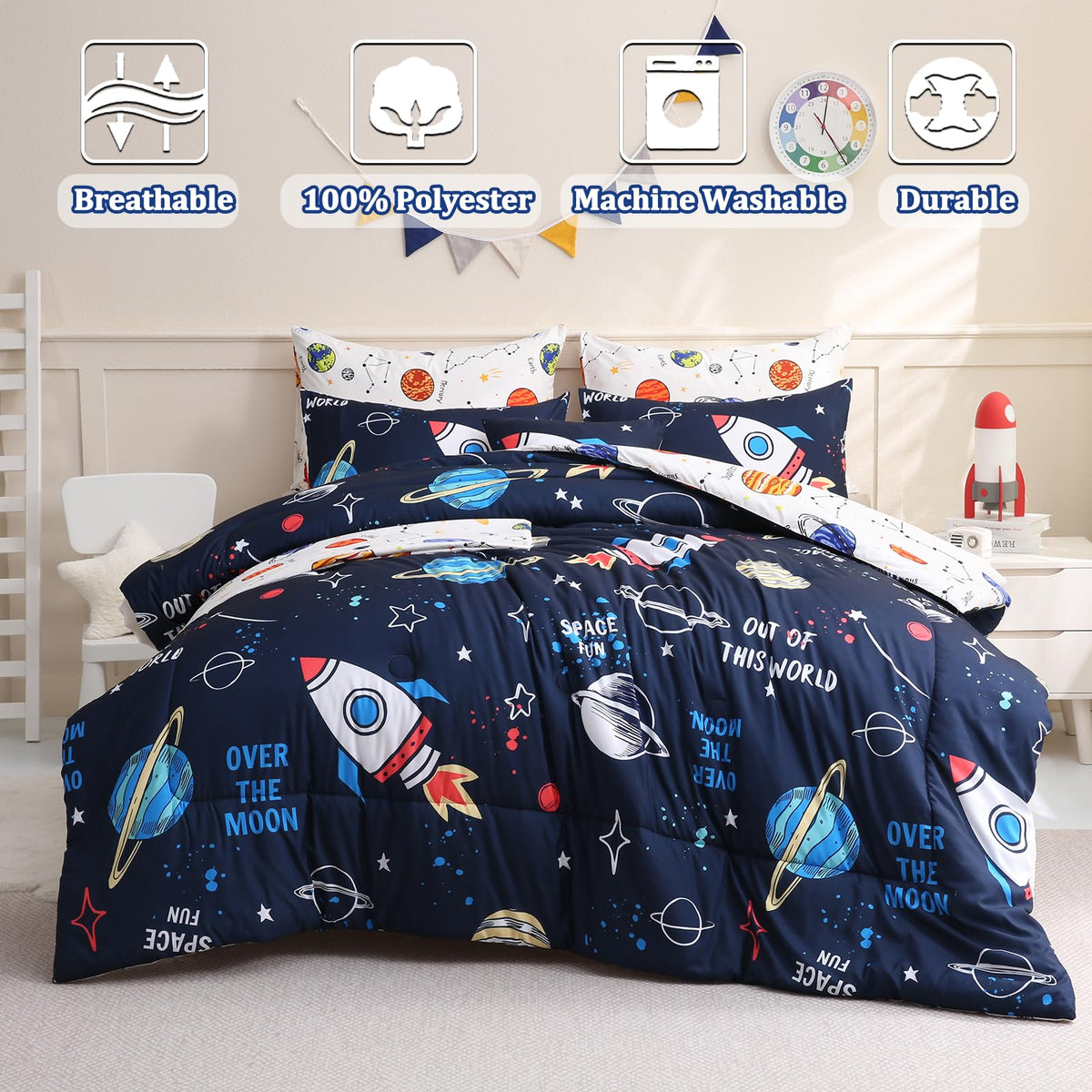 Tasselily 8 Piece Space Comforter Set Twin Size, Rocket Bed in a Bag Space Theme Bedding Sets for Boys Girls Kids
