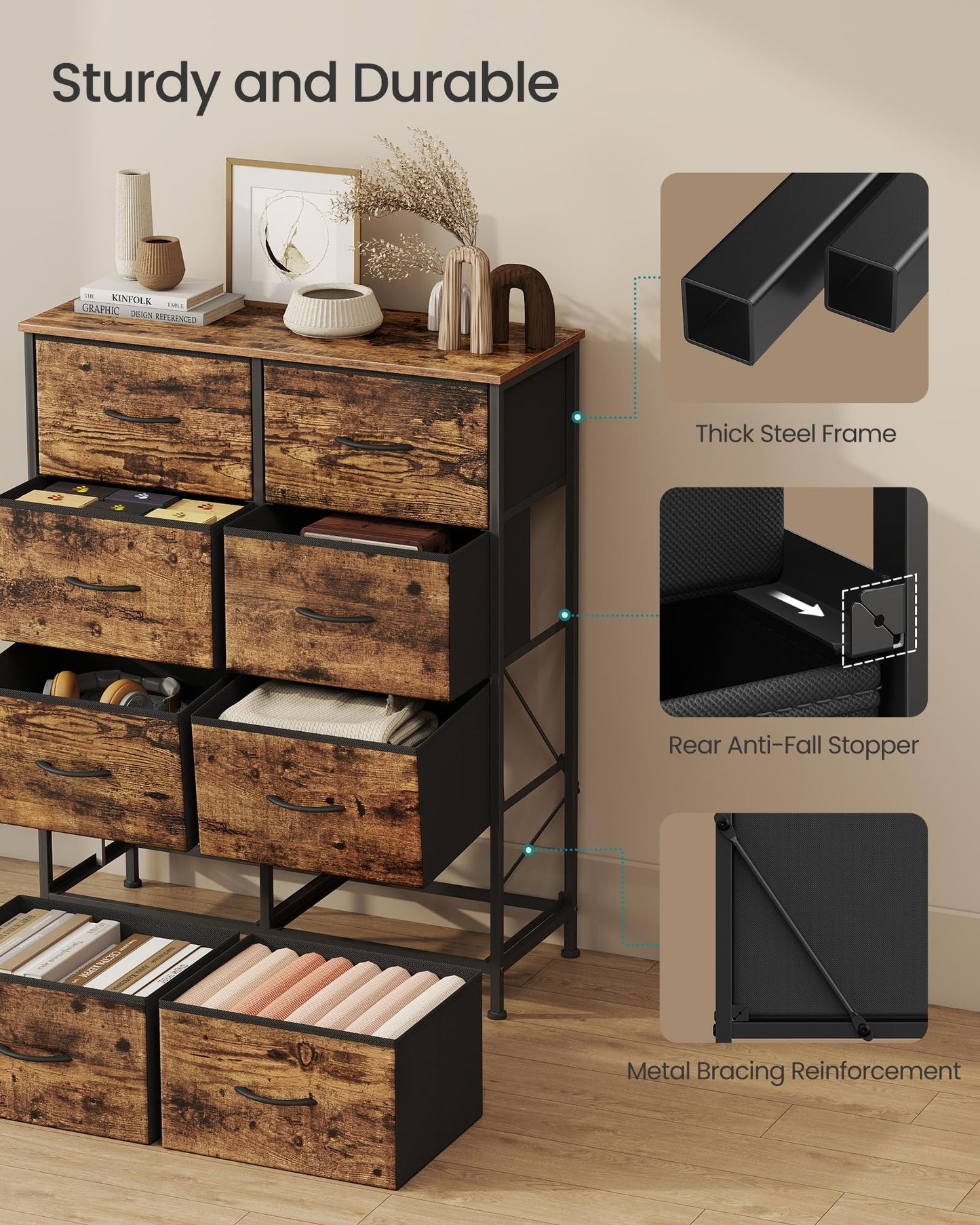 SONGMICS Dresser for Bedroom, Chest of Drawers, Steel, MDF, 8 Non-Woven Fabric Drawers, Storage Organizer Unit, Closet, Entryway, Rustic Brown and Ink Black ULGS124B02S