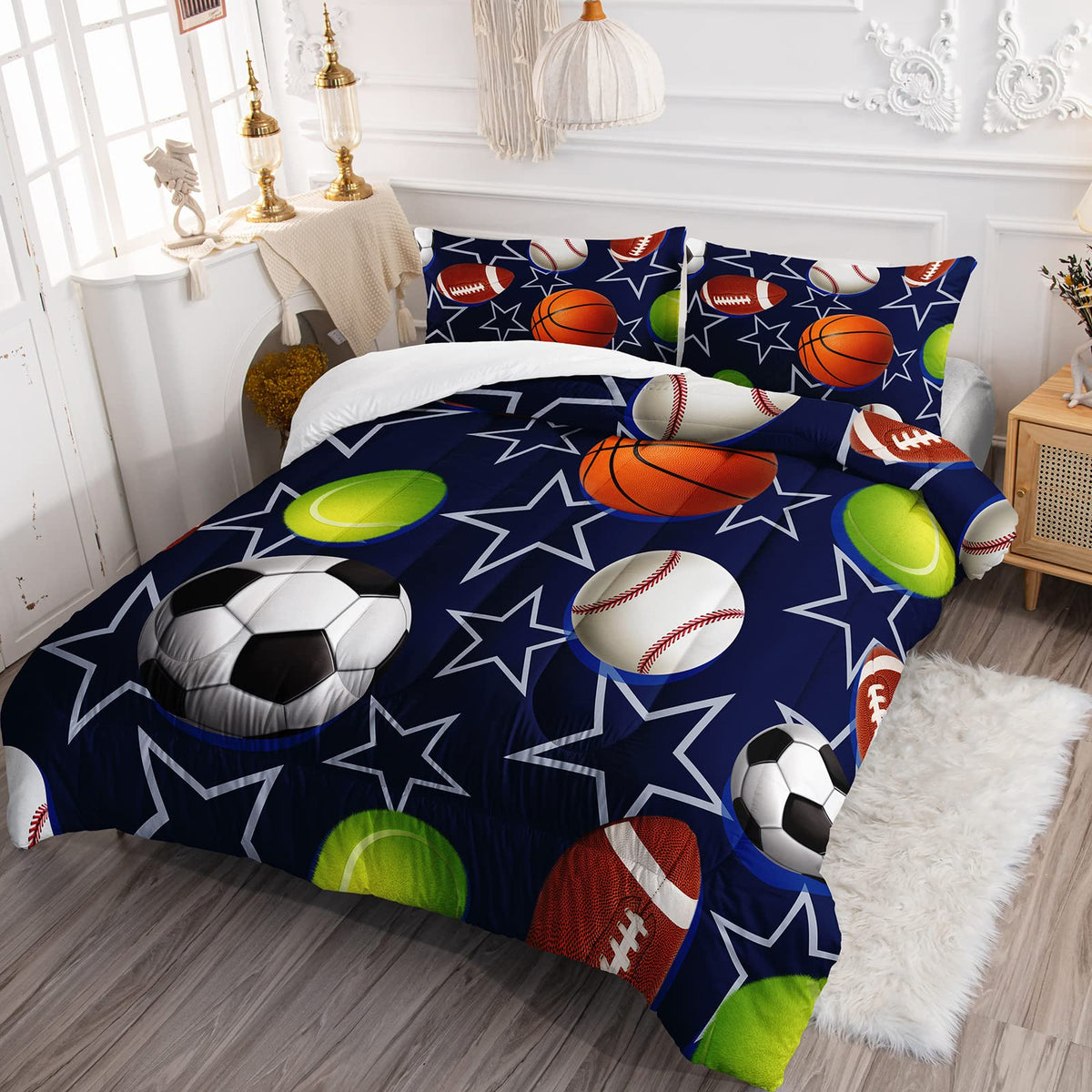 BailiPromise Boys Sports Comforter Set Queen Football Baseball Basketball Soccer Tennis Bedding Set for Teens Kids Blue Star Comforter 3 Piece Bedroom Decor 2 Pillowcases Lightweight Microfiber