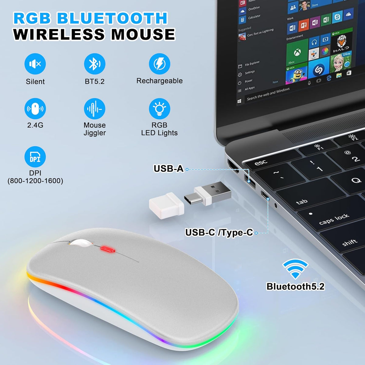 LED Bluetooth Wireless Mouse for MacBook Air Mac Pro Laptop iPad–Silver