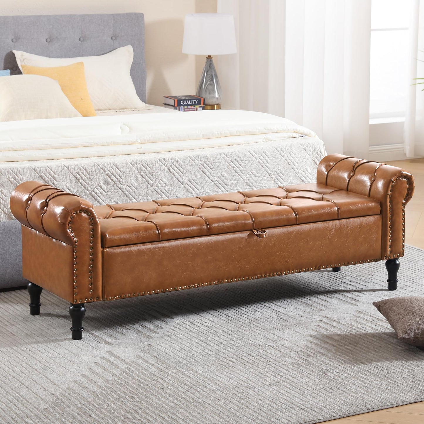 HOMYKA Faux Leather Storage Bench for Bed Room 67 Inch Upholstered Tufted Ottoman Bench with Arms King Size Large Storage Space End of Bed Benches for Bedroom Living Room Entryway Brown