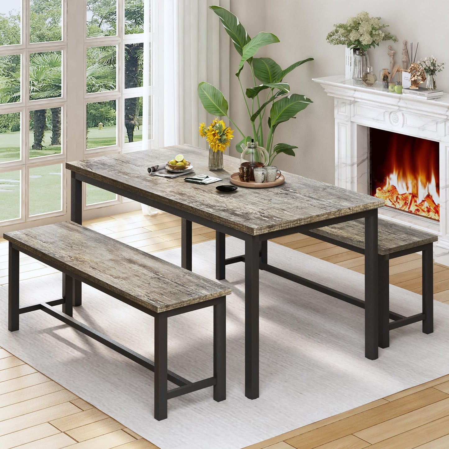 Recaceik Dining Room Table Set for 4, Modern Kitchen Table Set for 4 with 2 Bench for Small Kitchen and Dining Room Furniture (Grey & Black)