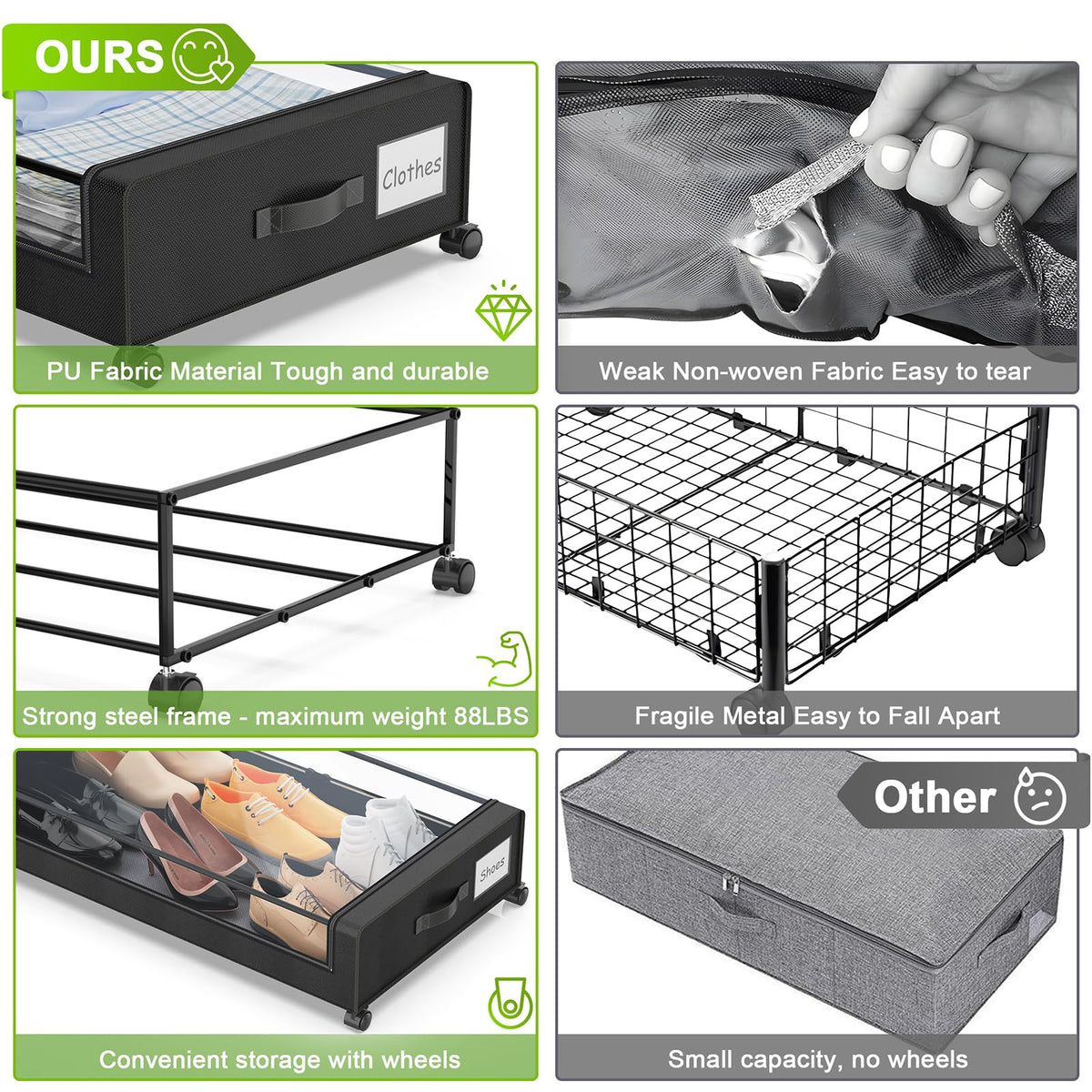 YAASHEEN Under Bed Storage with Wheels, 2-Pack Under the Bed Storage Containers with Clear Lids & Label, Underbed Storage Bins, XXL 60L Rolling Metal Drawer for Clothes, Shoes, Toys, Books - Black