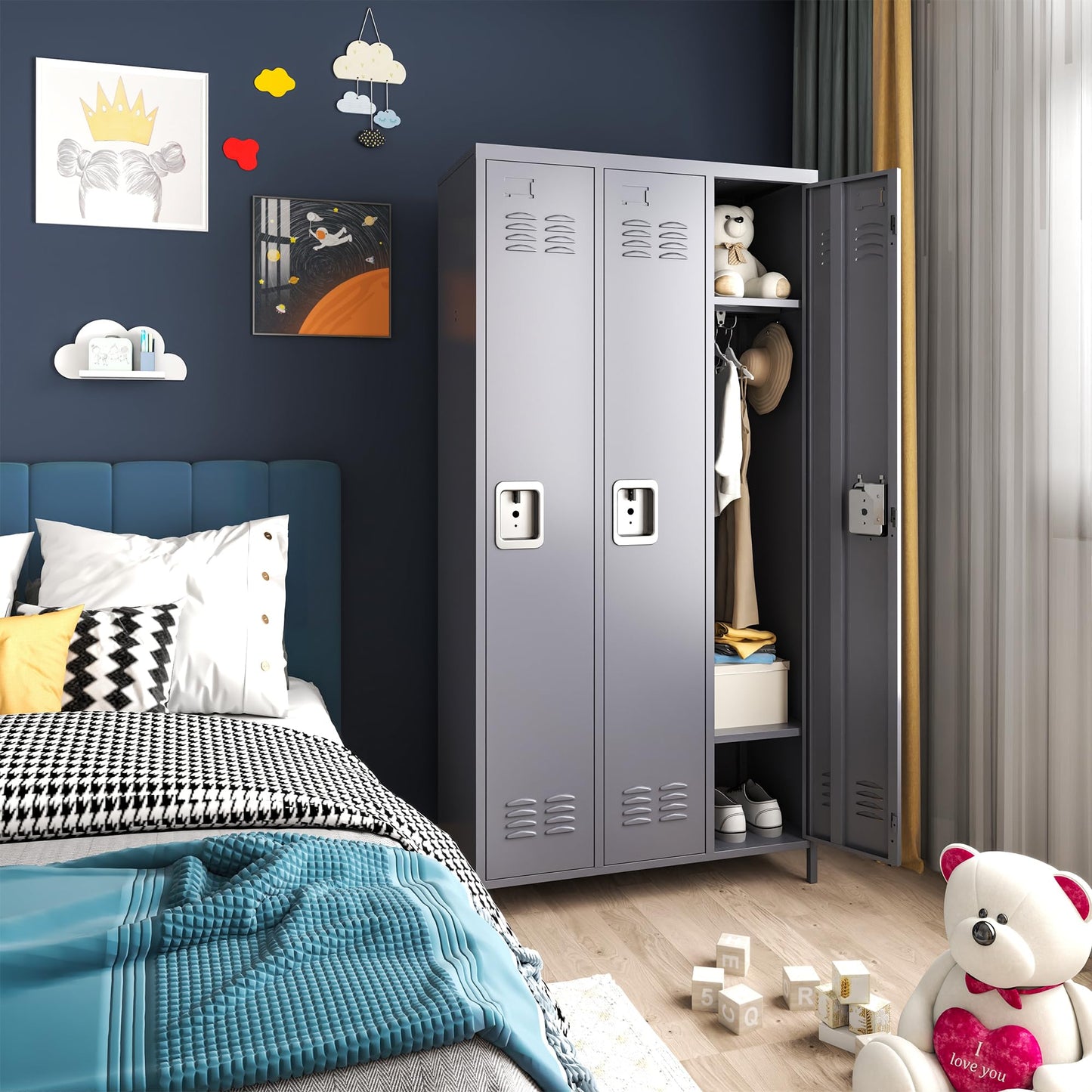 IKIMI Metal Locker 3 Doors Storage Lockers for Employee,72" Tall Locker with Shelves and Hooks Steel Sports Locker for Office School Office Gym Home Garage