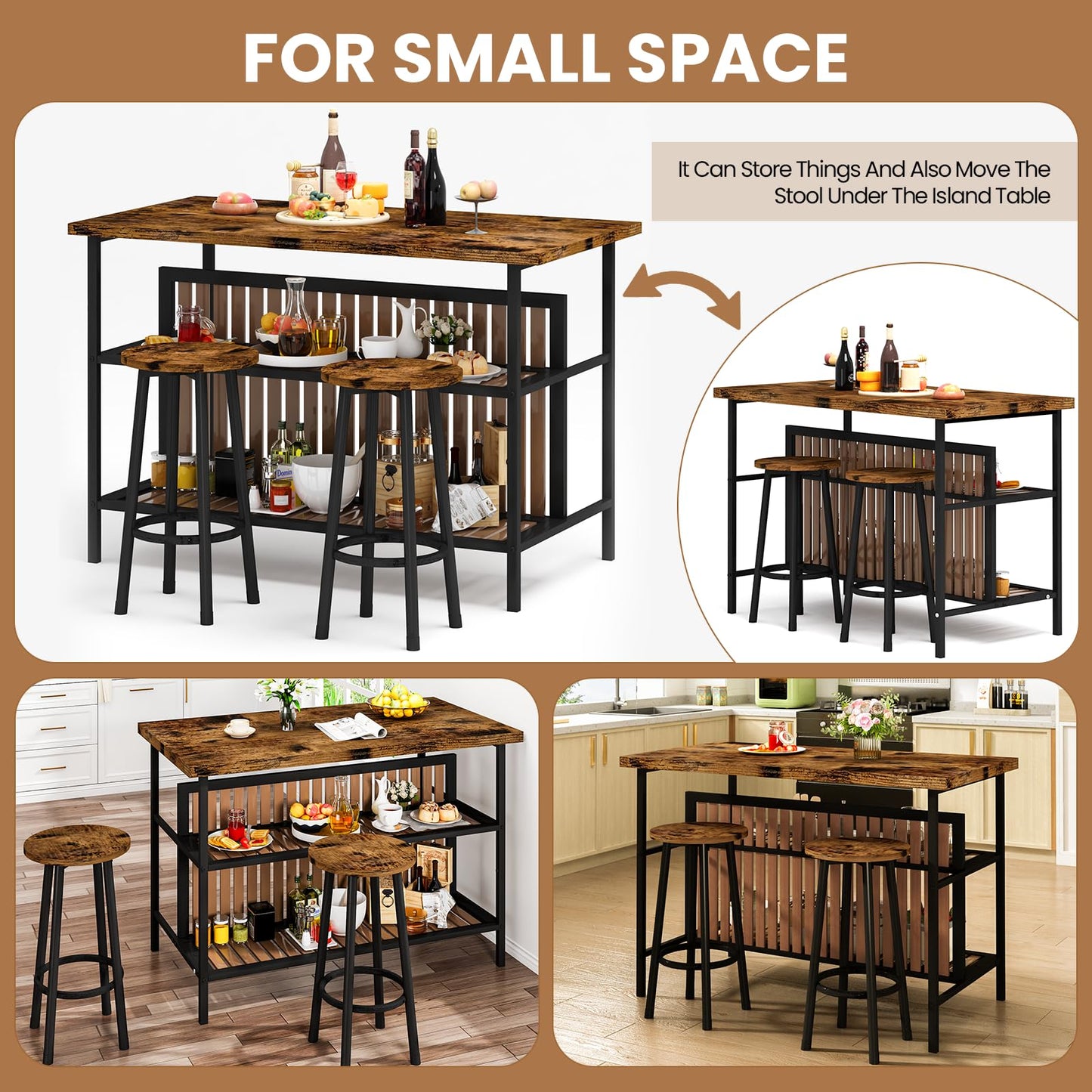 DKLGG Kitchen Island with Seating & Storage, Farmhouse Dining Table Set for 2, Space-Saving 3 Piece Dining Set Table & Chairs Island Table for Kitchen, Apartment, Dining Room, Rustic Brown