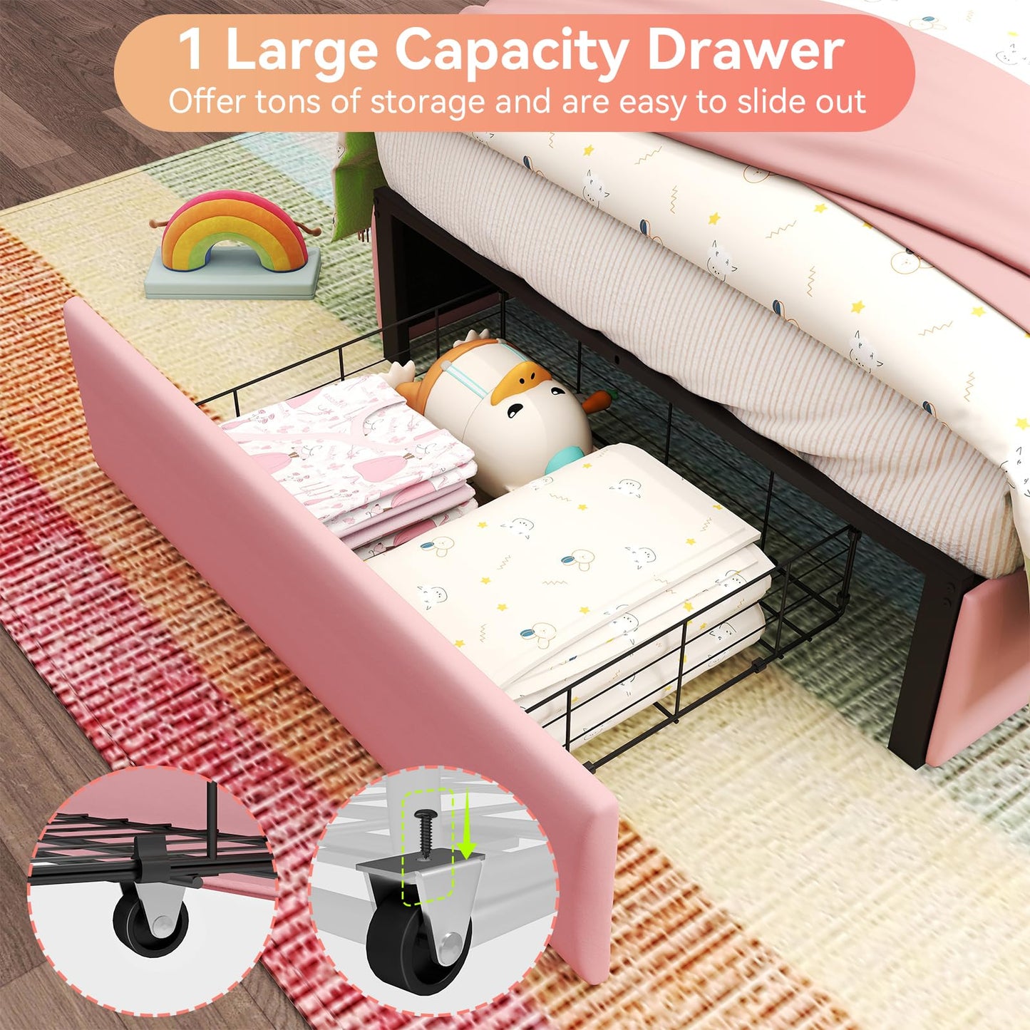 SADENICEL Twin Upholstered LED Bed Frame with Storage Drawer, Chic Double Wavy Headboard, Velvet Princess Platform Bed, Solid Wood Slats Support,No Box Spring Needed, Pink