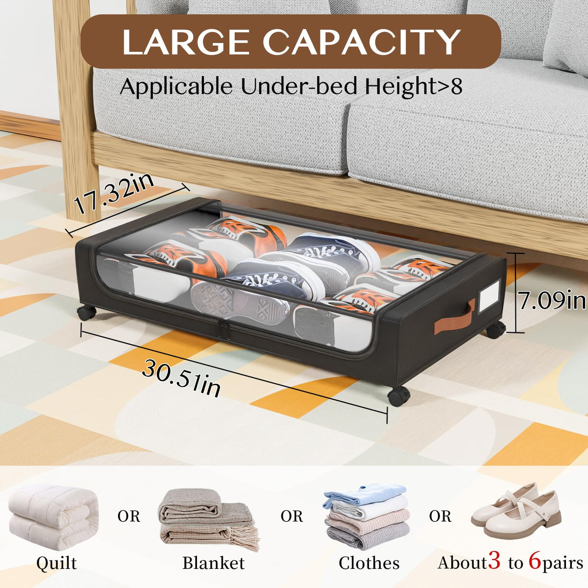 Futego Under Bed Storage with Wheels, UnderBed Storage Containers with Clear Lid and Handles, Under the Bed Storage Bins Drawers for Clothes,Blankets,Shoes,Books (BLACK, 2 PACK)