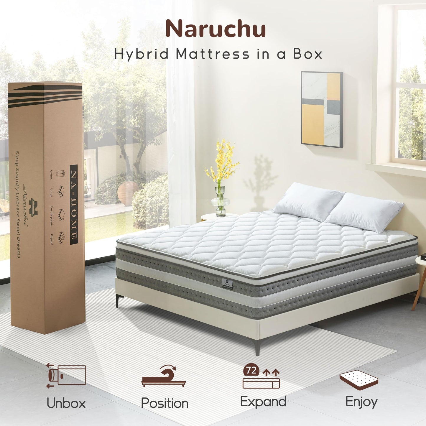 Naruchu Full Size Mattress, 12 Inch Memory Foam, Independent Spring, Soft and Comfortable Medium Firm Hybrid Mattress in A Box, Pressure Relief