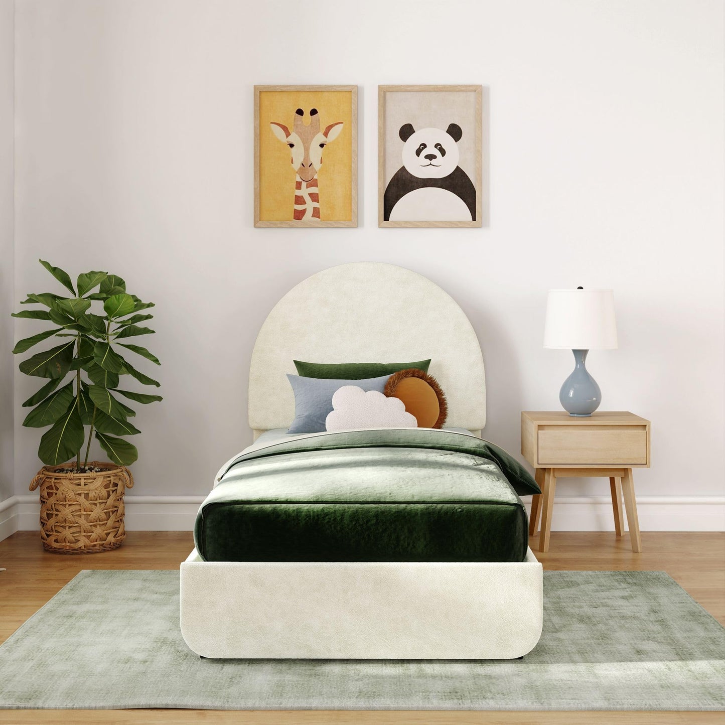 Max & Lily Upholstered Twin Bed Frame with Arch Headboard, Upholstered Platform Bed for Kids, No Box Spring Needed, Easy Assembly, Cream