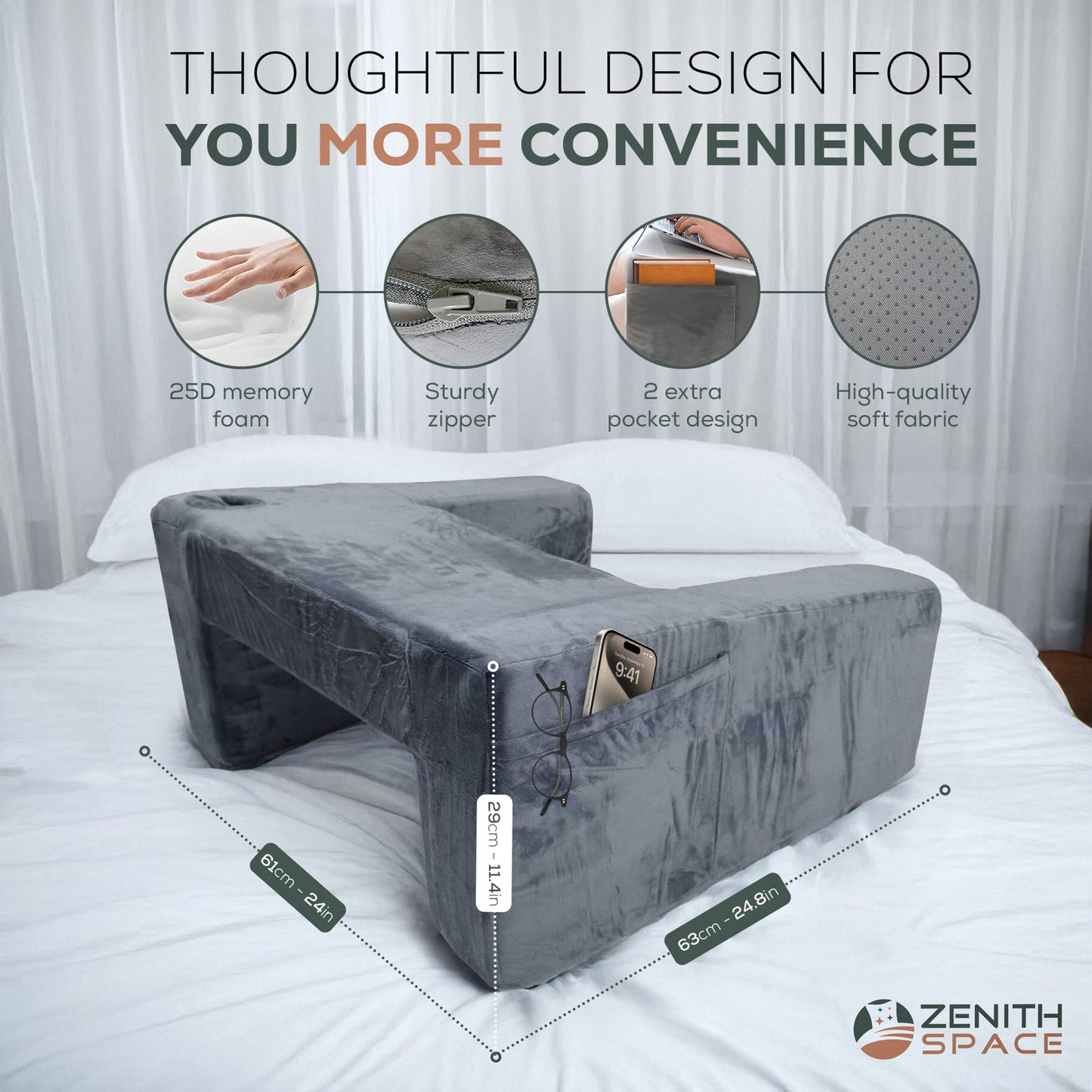 Zenith Space - Reading Pillow for Lap to Improve Your Reading Experience - Memory Foam Adult Gaming Pillow for Bed with Cup Holder - Allow 24–72 hrs to Fully Expand - Maximizing Your Comfort