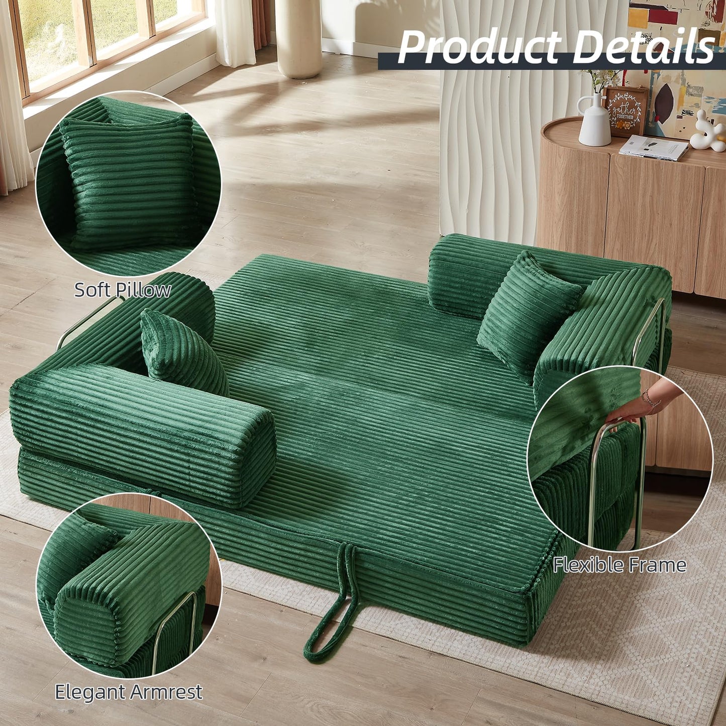 HUAYICUN 4-in-1 Convertible Folding Sleeper Sofa Bed, Plush Corduroy Foldable Mattress Couch with Fixed-Shape Frame, Floor Compressed Sofa for Living Room, Bedroom (Green)