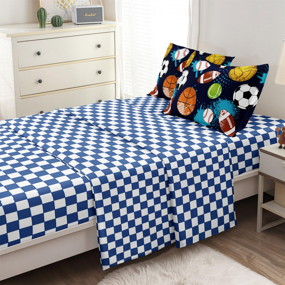 Leaflin Kids Boys Comforter Set Twin Bed in a Bag w/Sheet Sets, Blue Twin Bedding Sets for Teens Soccer Basketball Baseball Football Sports Themed Bedroom Decor Reversible Design