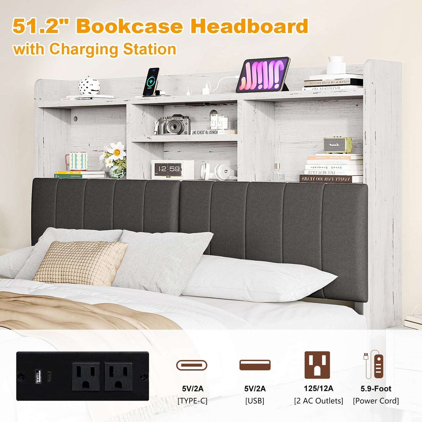 YUMPIE King Bed Frame with Bookcase Headboard, Farmhouse Upholstered Platform Bed with 4 Storage Drawers, LED Bed with Charging Station, Wood Slats Support, No Box Spring Needed, Distressed White