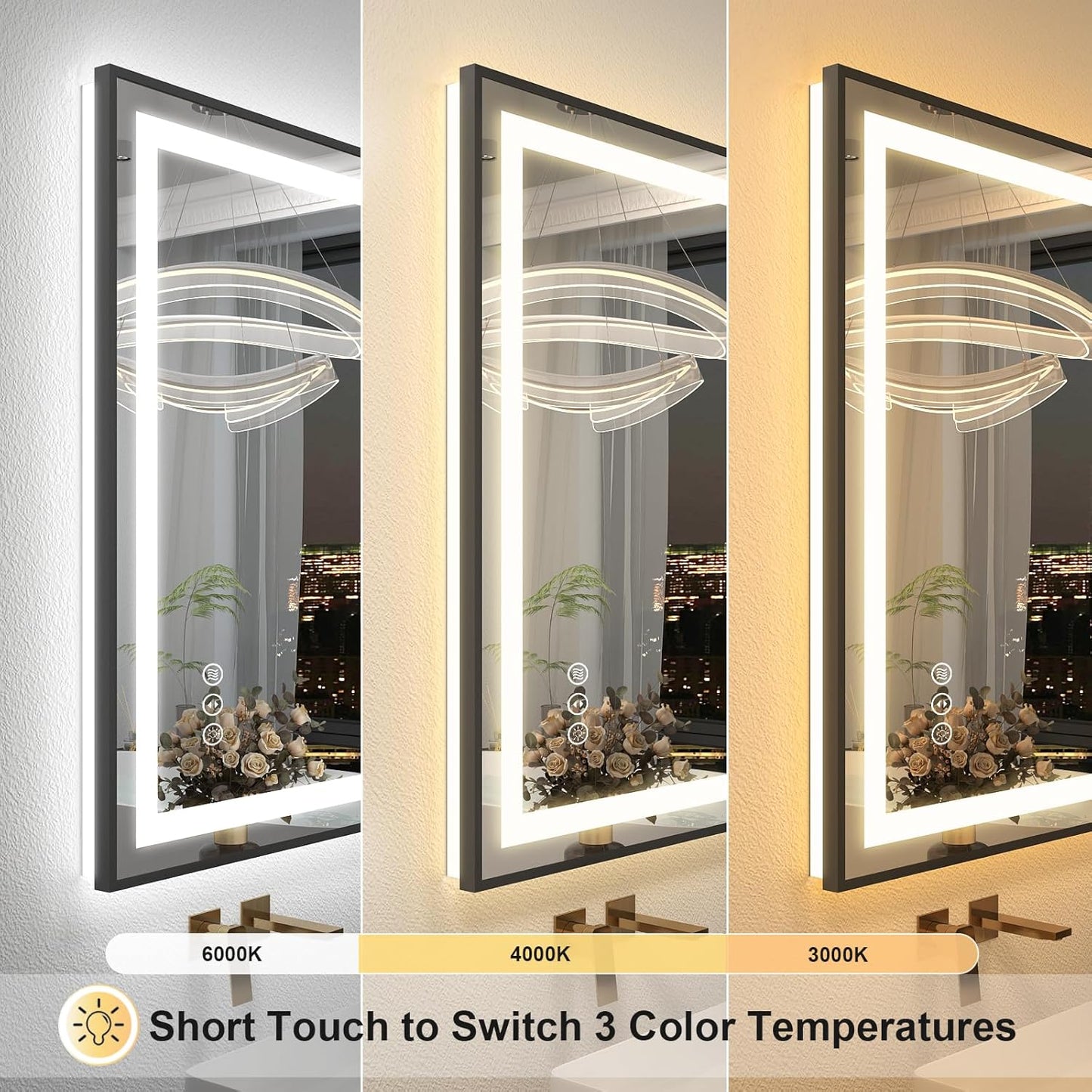 OKPAL 48x36 Black Lighted Bathroom Mirror, LED Bathroom Mirror with Lights, Anti-Fog Lighted Vanity Mirror, Dimmable, Shatterproof, Memory, 3 Colors, ETL Listed (Front Light and Backlit)