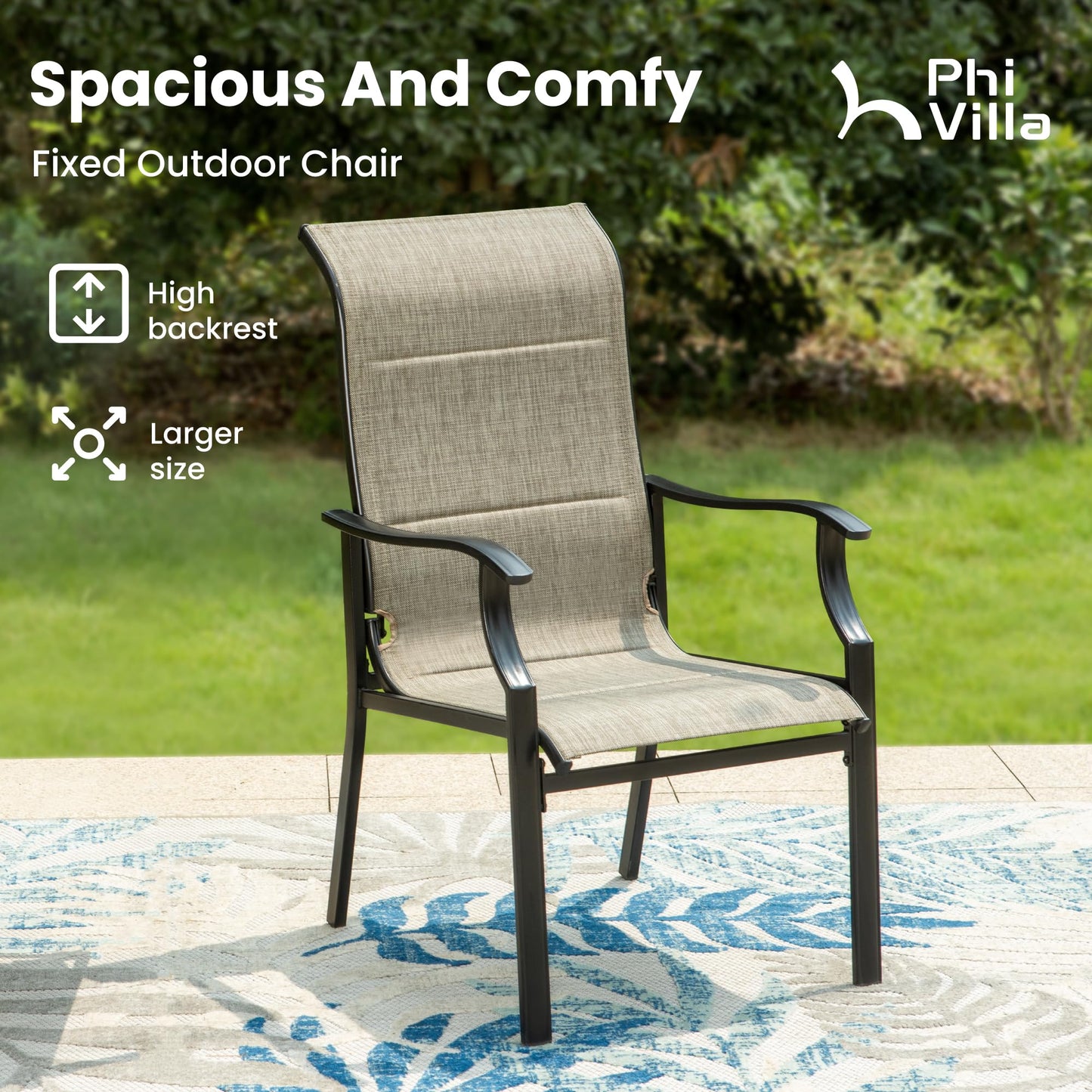 PHI VILLA Outdoor Dining Chairs Set of 4, High Back Textilene Fabric Padded Armchairs with E-Coated Steel Frame for Patio, Porch, Deck, Yard