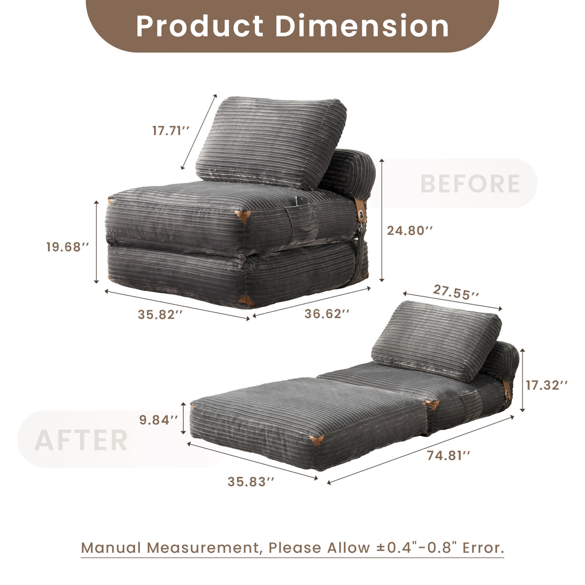 ovios Folding Sofa Bed, Convertible Sleeper Chair with Pillow Foldable Mattress with Back Support, Portable Fold Out Comfy Floor Lounge for Living Room Bedroom, Grey