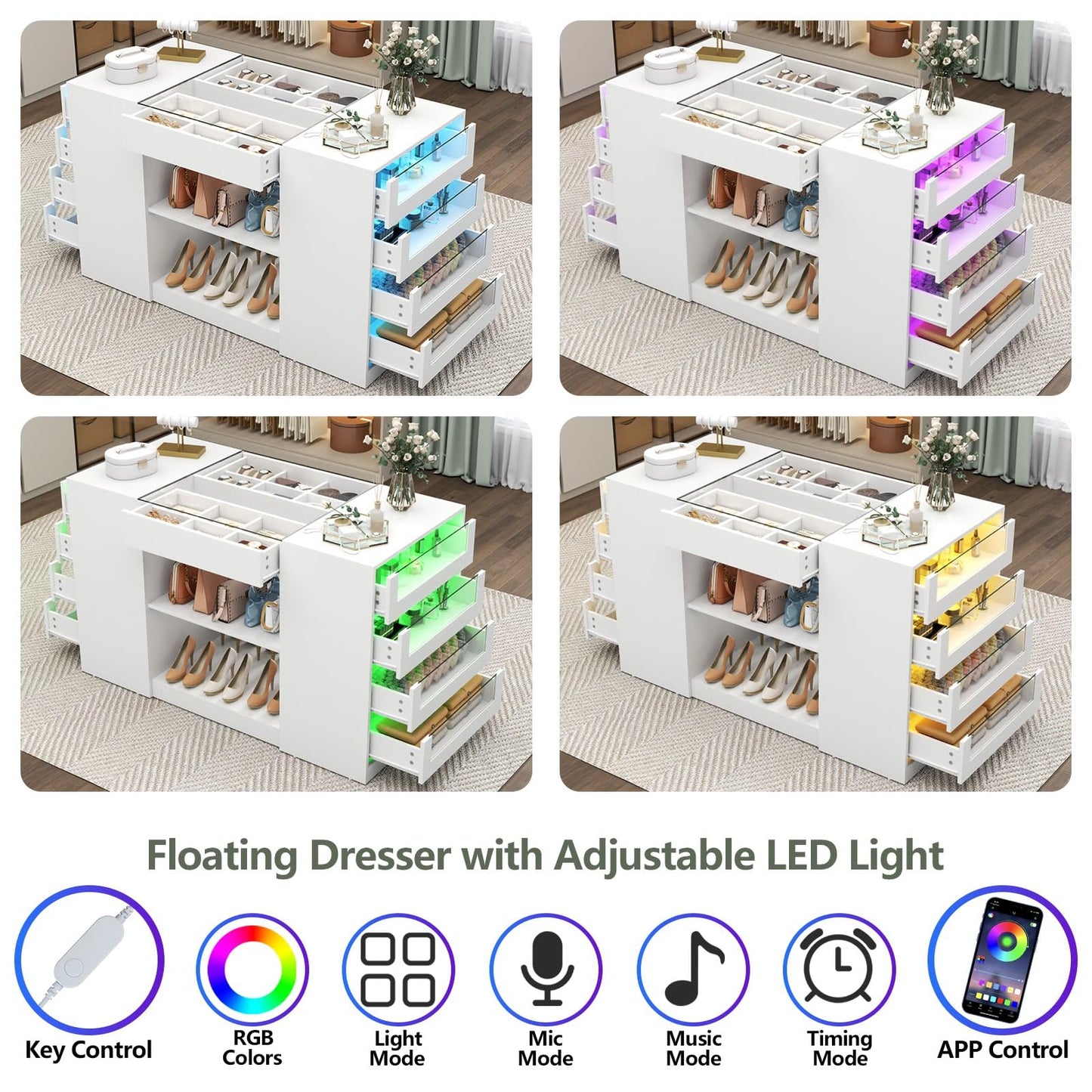 Gyfimoie Closet Island with Drawers, Armoire Wardrobe Closet with LED Lights White Dresser Walk-in Closets with Glass Top for Bedroom & Cloakroom