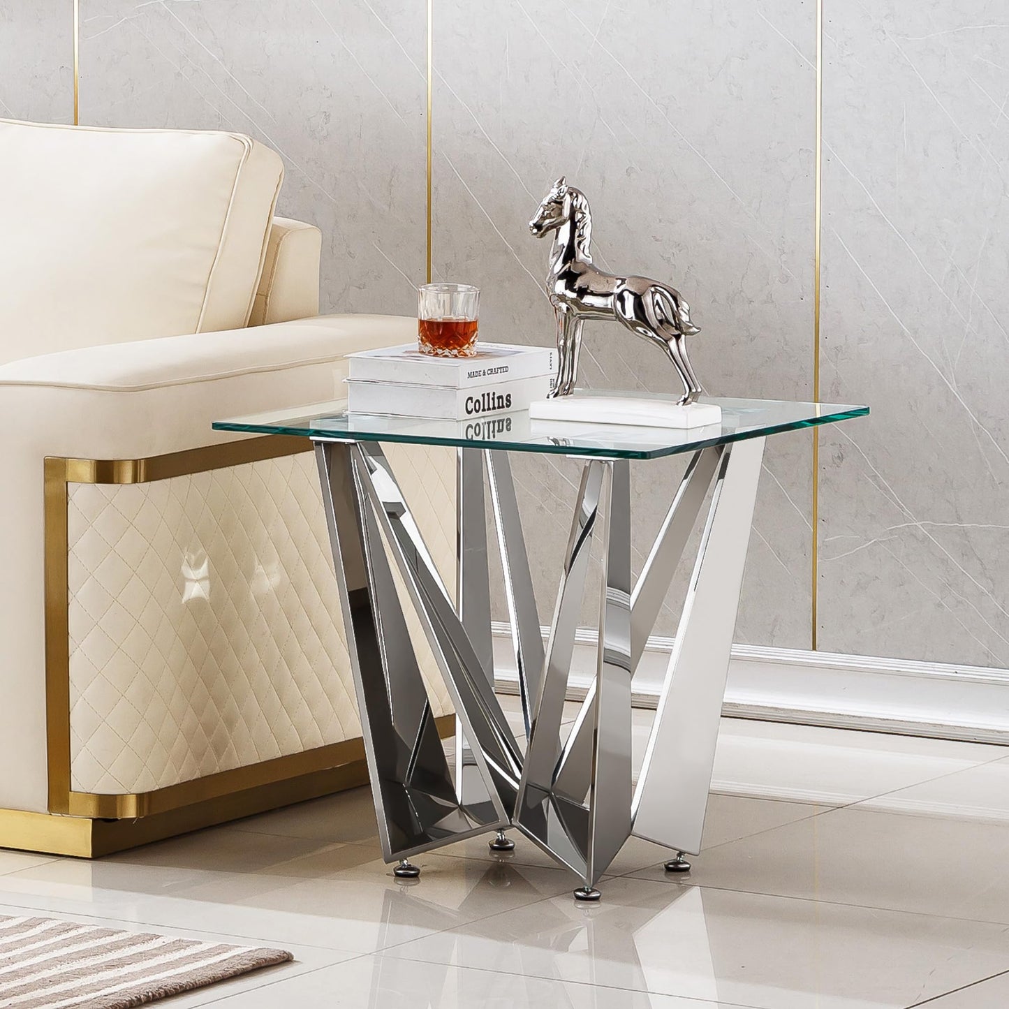 Glass Living Room Table Set of 3, Modern Glass Cofee Tables Set with Stainless Steel Base for Living Room Bedroom, Rectangle Glass Coffee Table and end Table Sets