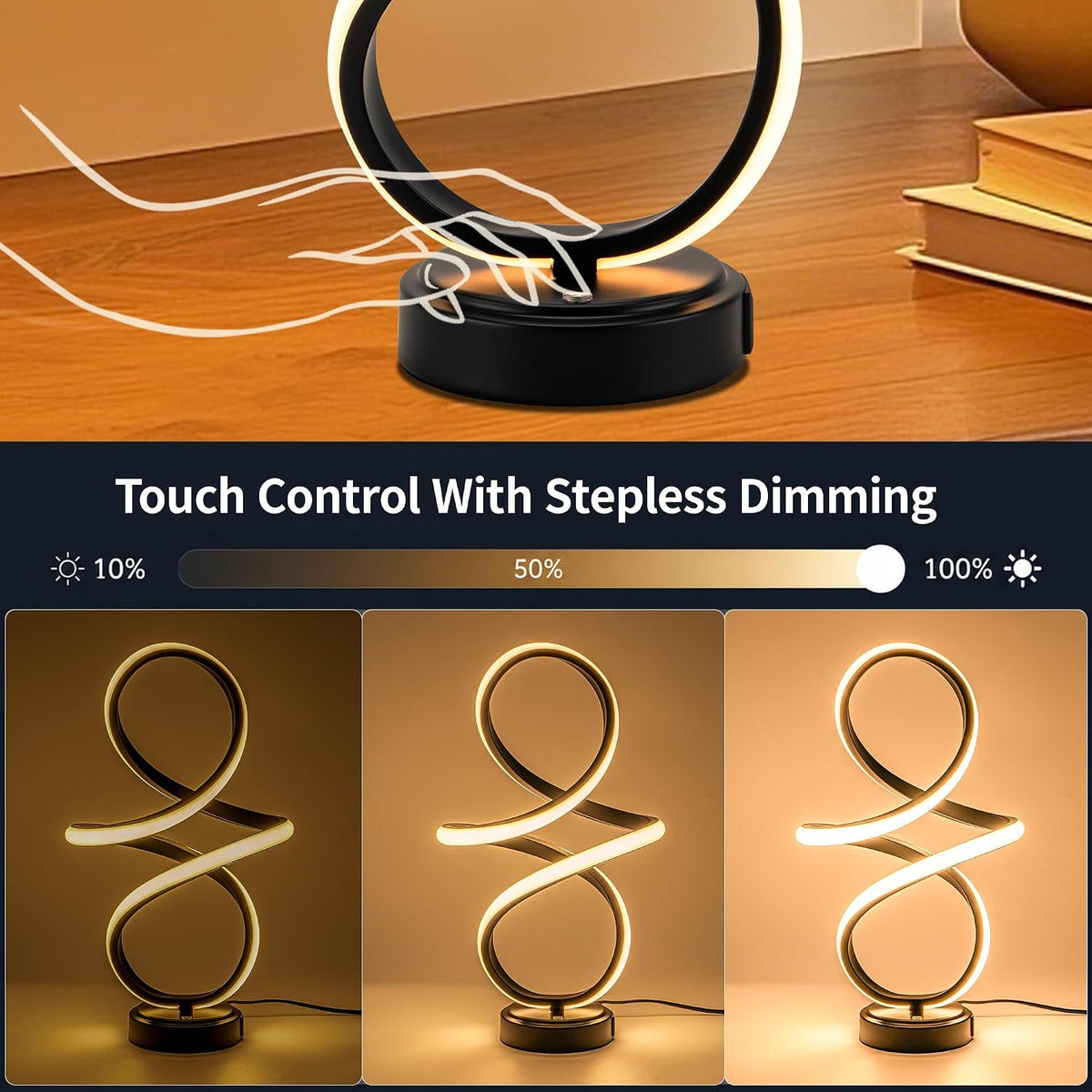 Modern Small Table Lamp with LED Spiral Design, 12W Black Nightstand Lamp