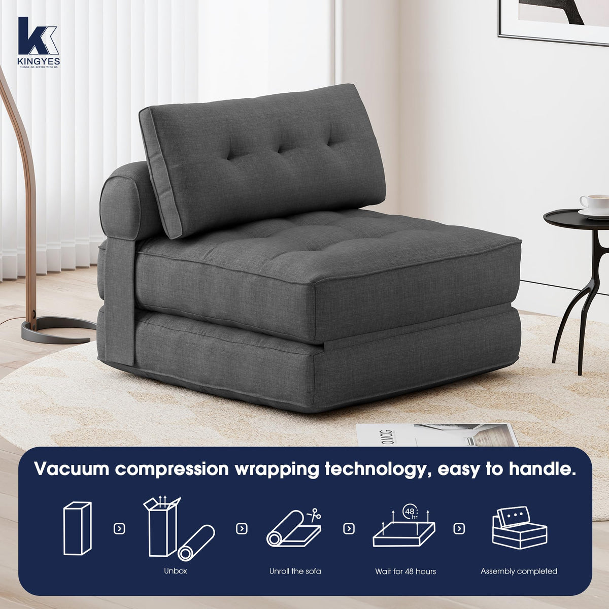KINGYES Folding Sofa Bed, Convertible Sleeper Chair with Pillow for Adults, Foldable Single Futon Chair Floor Sofa Lounge for Living Room, Grey