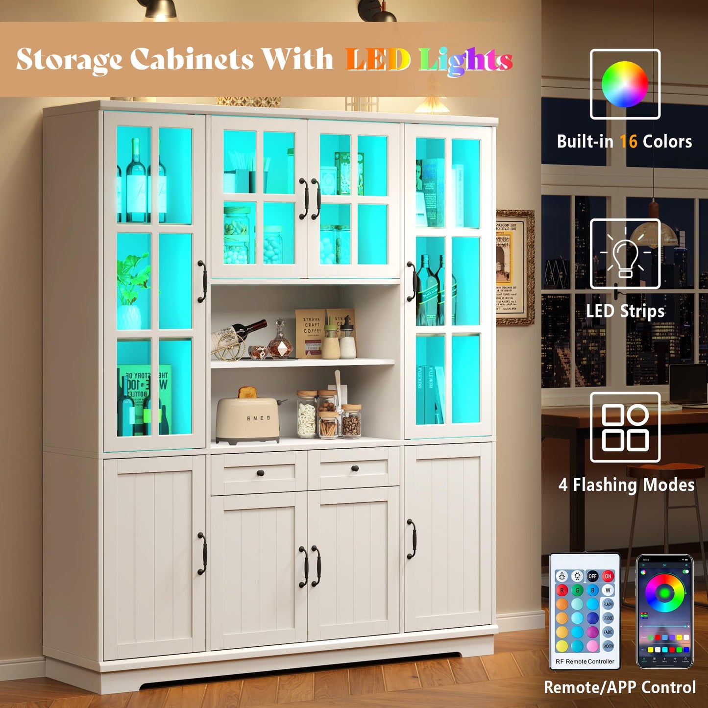 AMERLIFE 79" Tall Storage Cabinet with Glass Doors & LED Lights, Modern Large Display Cabinet with Drawer & Adjustable Shelves, Accent Furniture for Study/Living Room, Dining Room, Home Office, White
