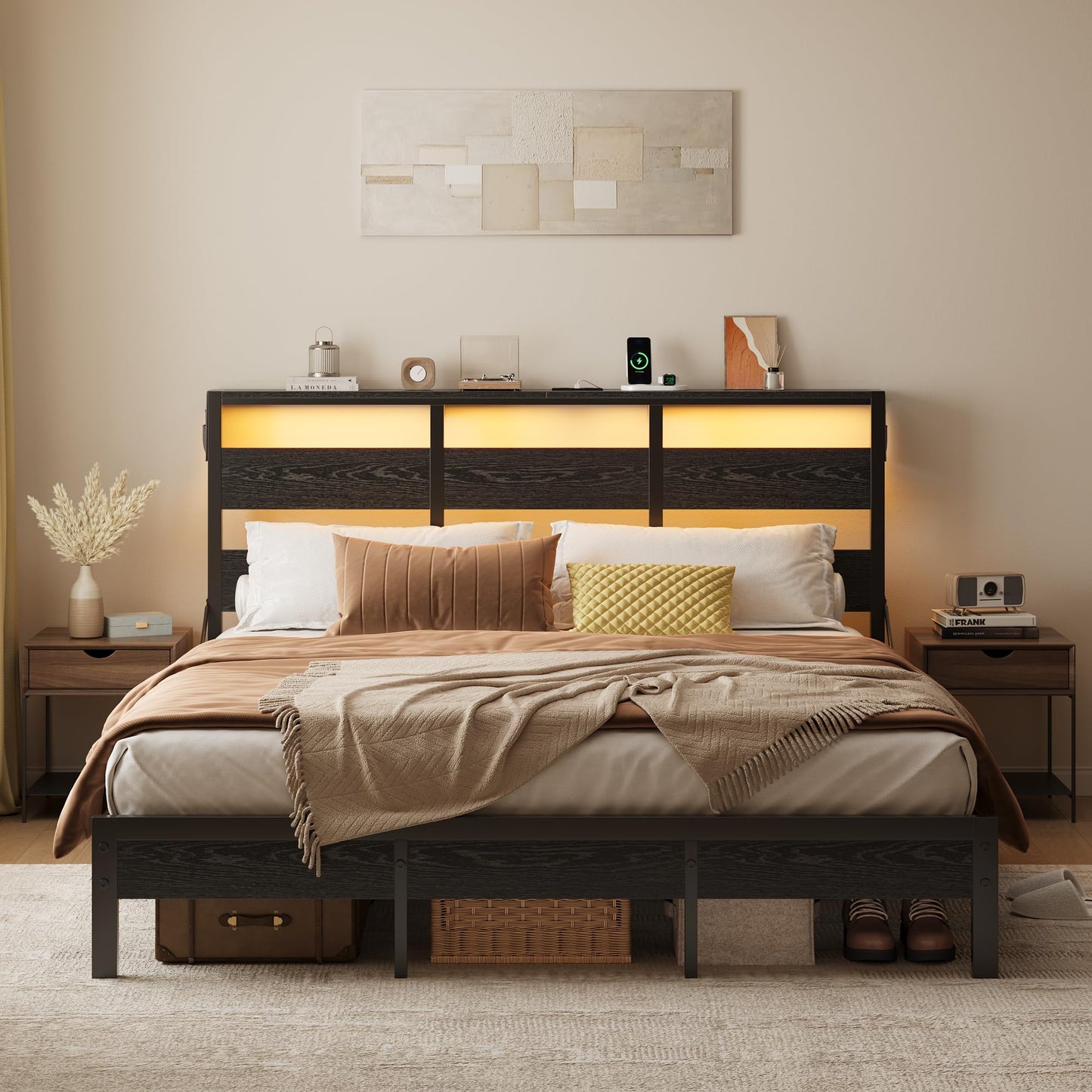 Bestier Queen Bed Frame with Headboard Storage and Charging Station, Black Platform Bed Frame with LED Light, Non-Slip Metal Bed Frame Queen Size, Noise-Free, Easy Assembly, Black
