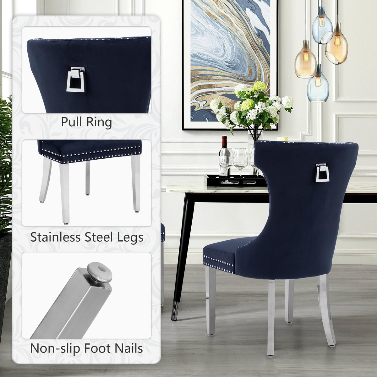 Creek Vista Velvet Dining Chairs Set of 2, Upholstered Dining Room Chair with Stainless Legs, Tufted Kitchen Chair with Button Back and Pull Ring, Dark Blue